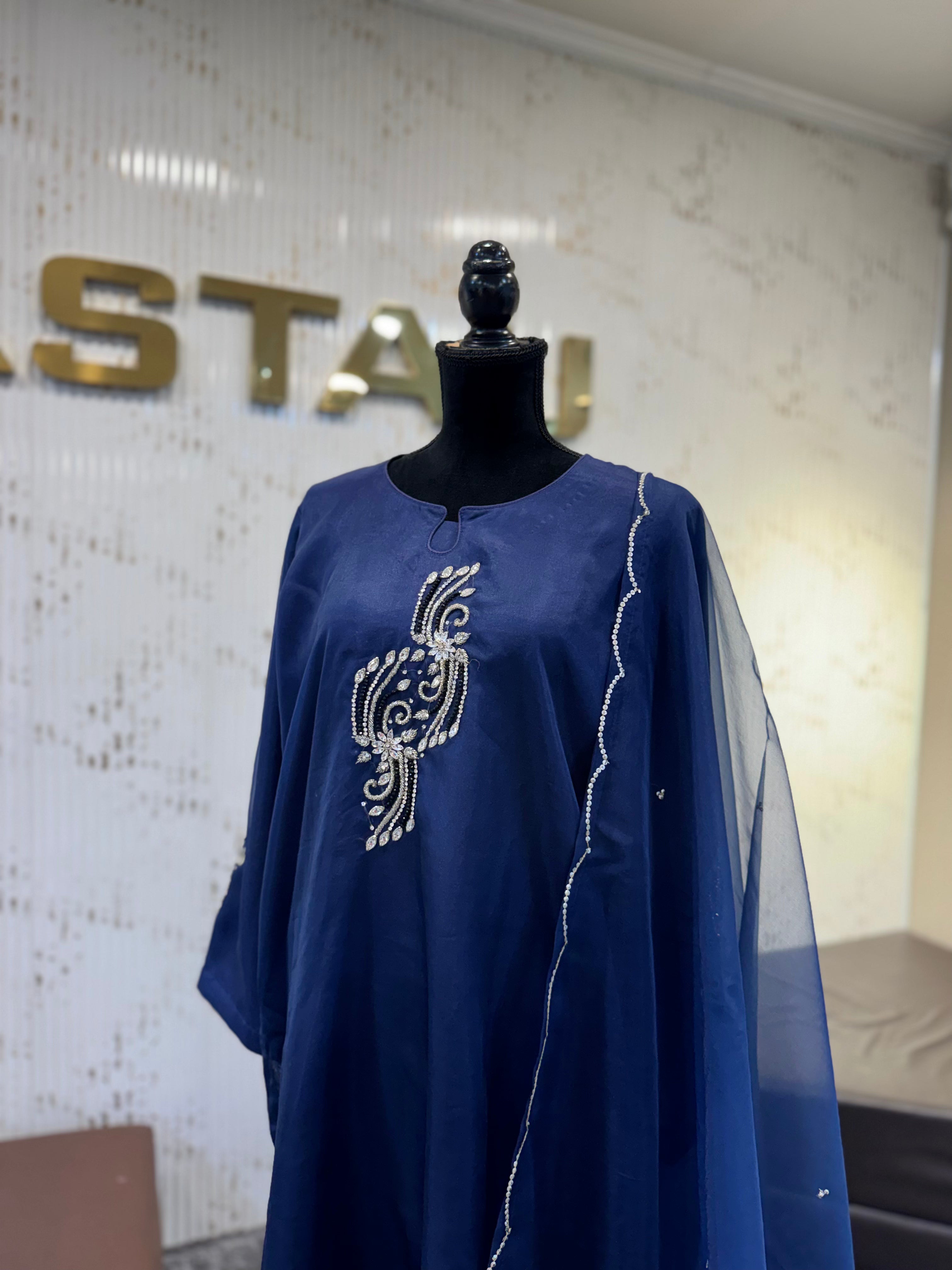 Midnight Blue Hand-Embroidered Organza 2PC   PBKS140