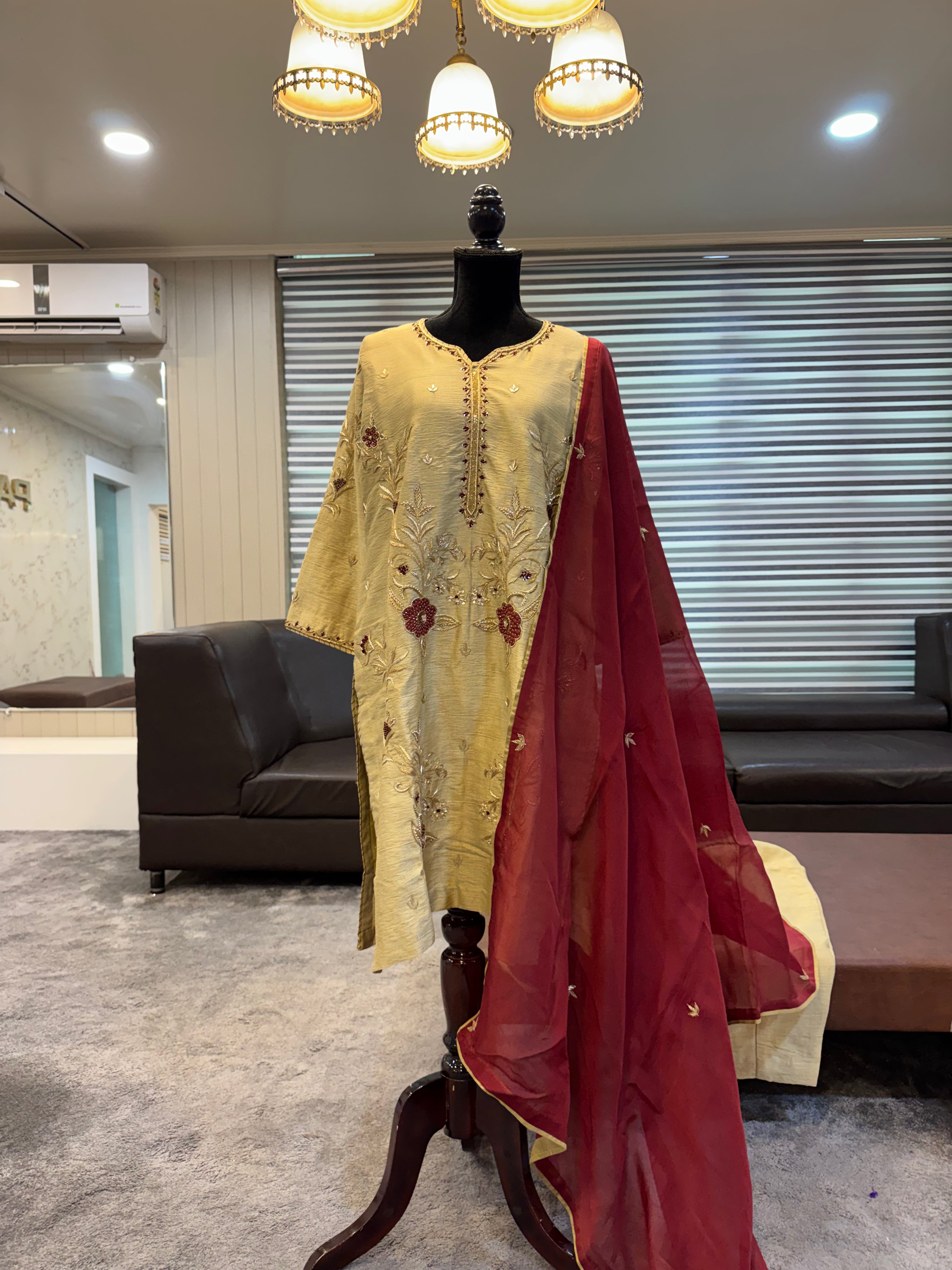 Golden Sand Hand-Embroidered Raw Silk Set