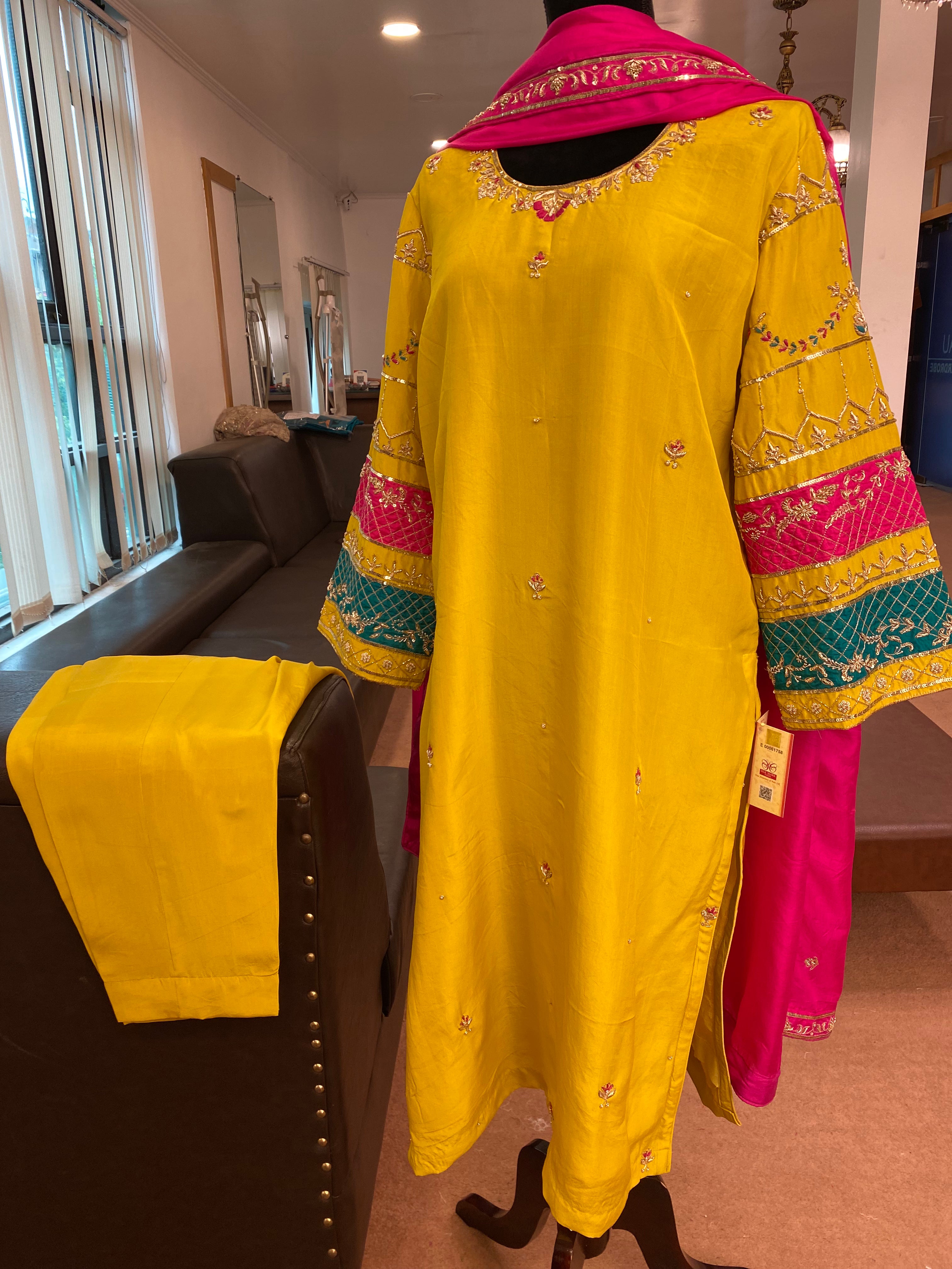 Pure silk hand embroidered multicoloured dress