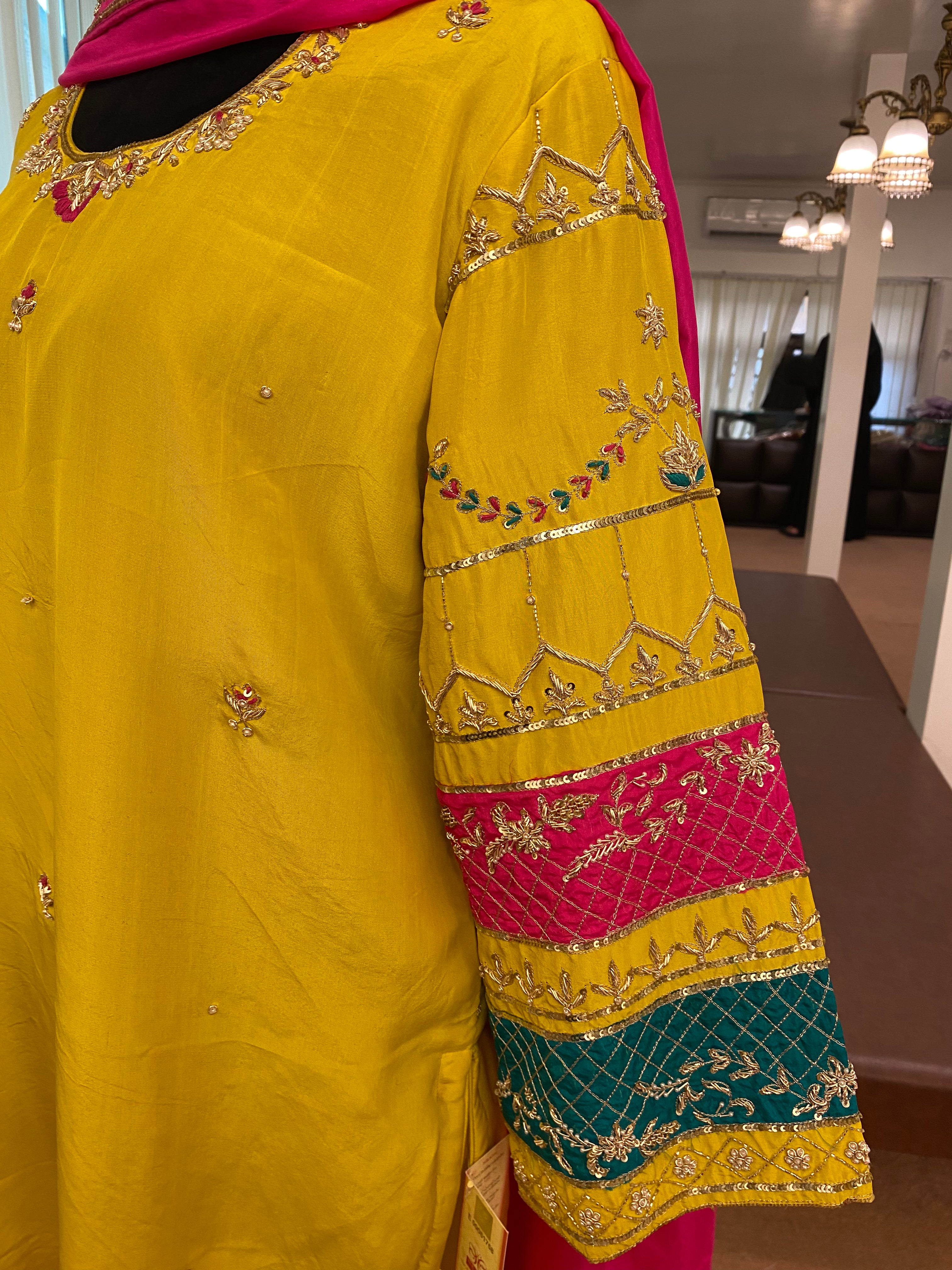 Pure silk hand embroidered multicoloured dress