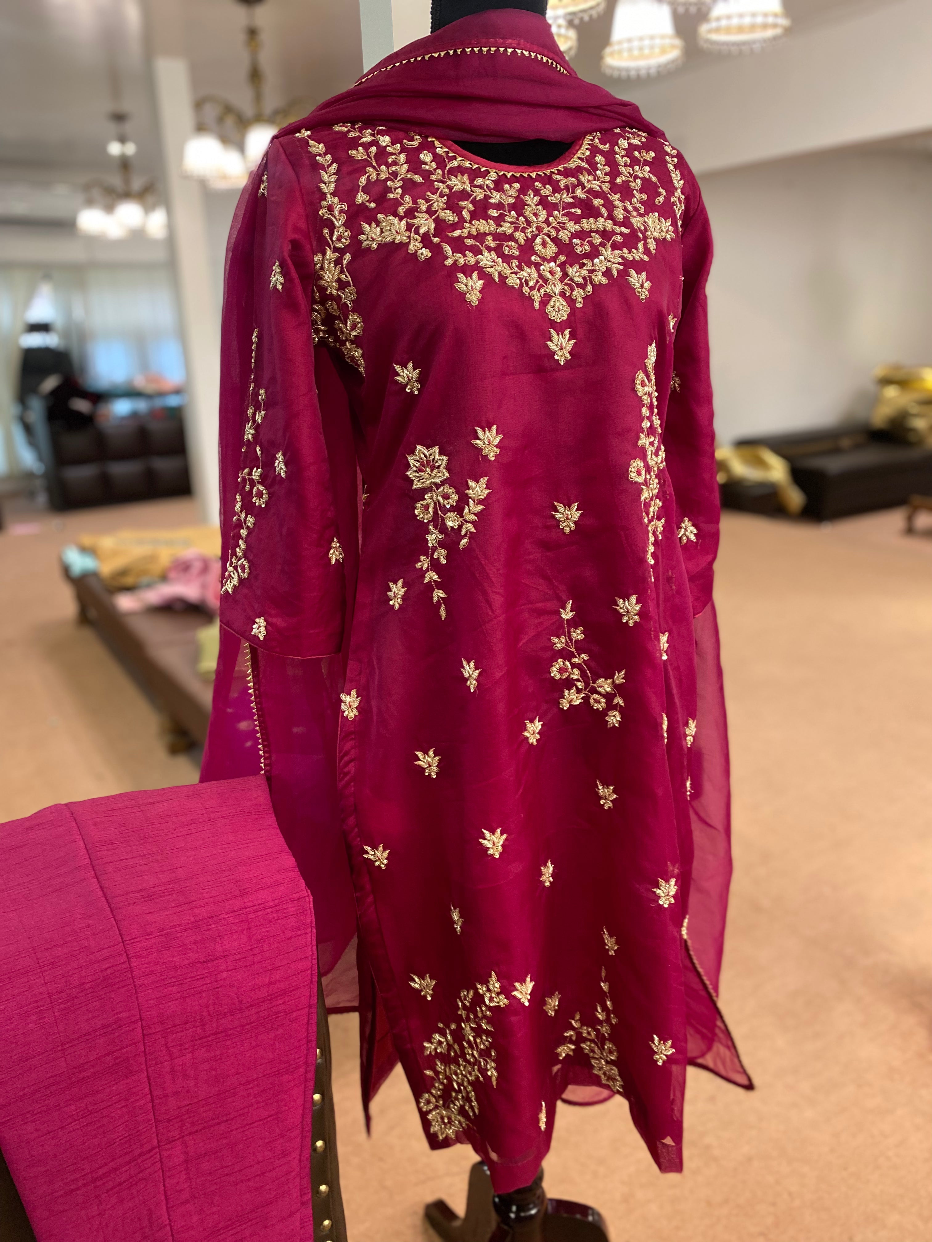 Hand embroidered wine organza dress