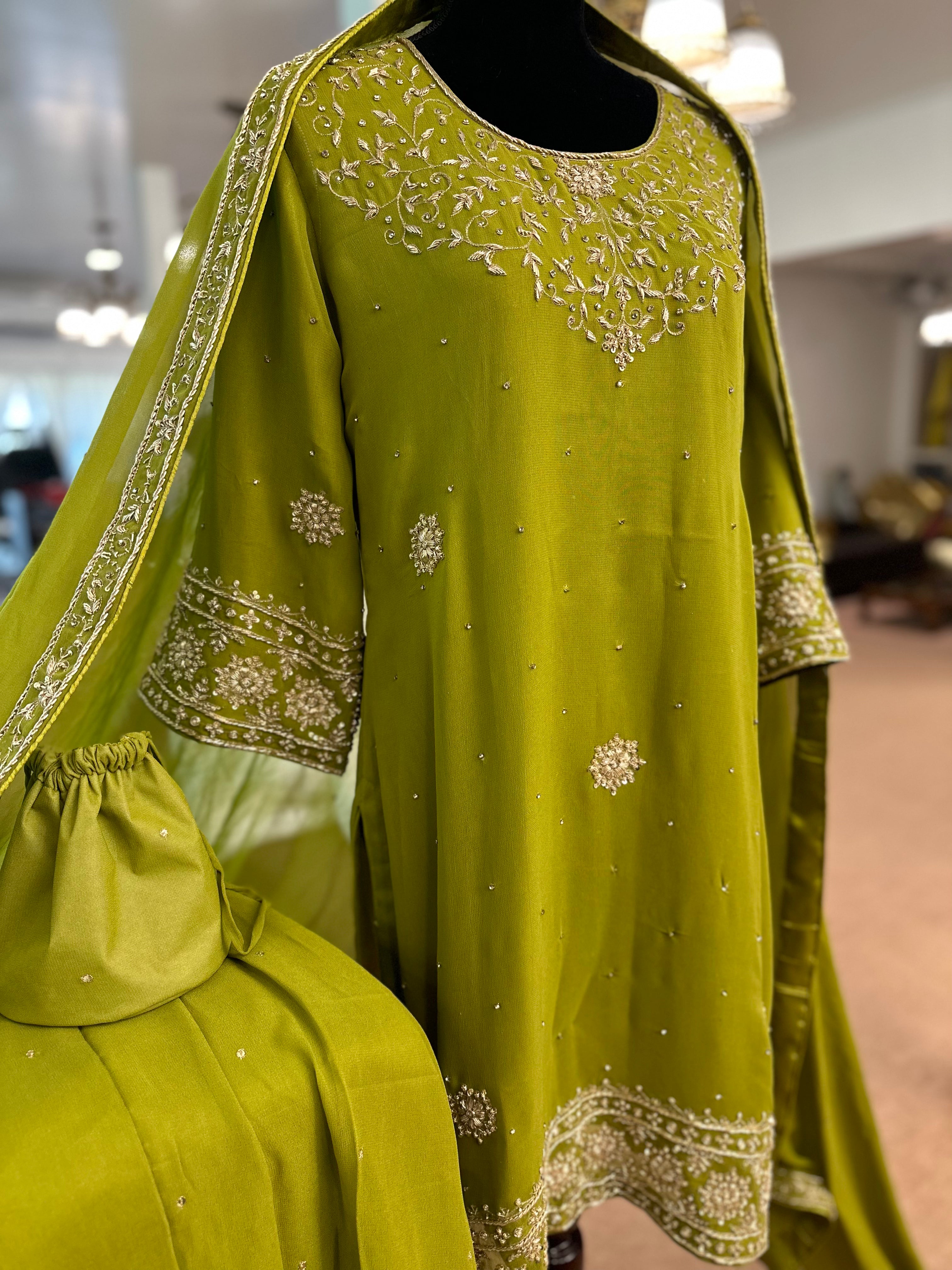 Handembroidered sharara mehndi dress