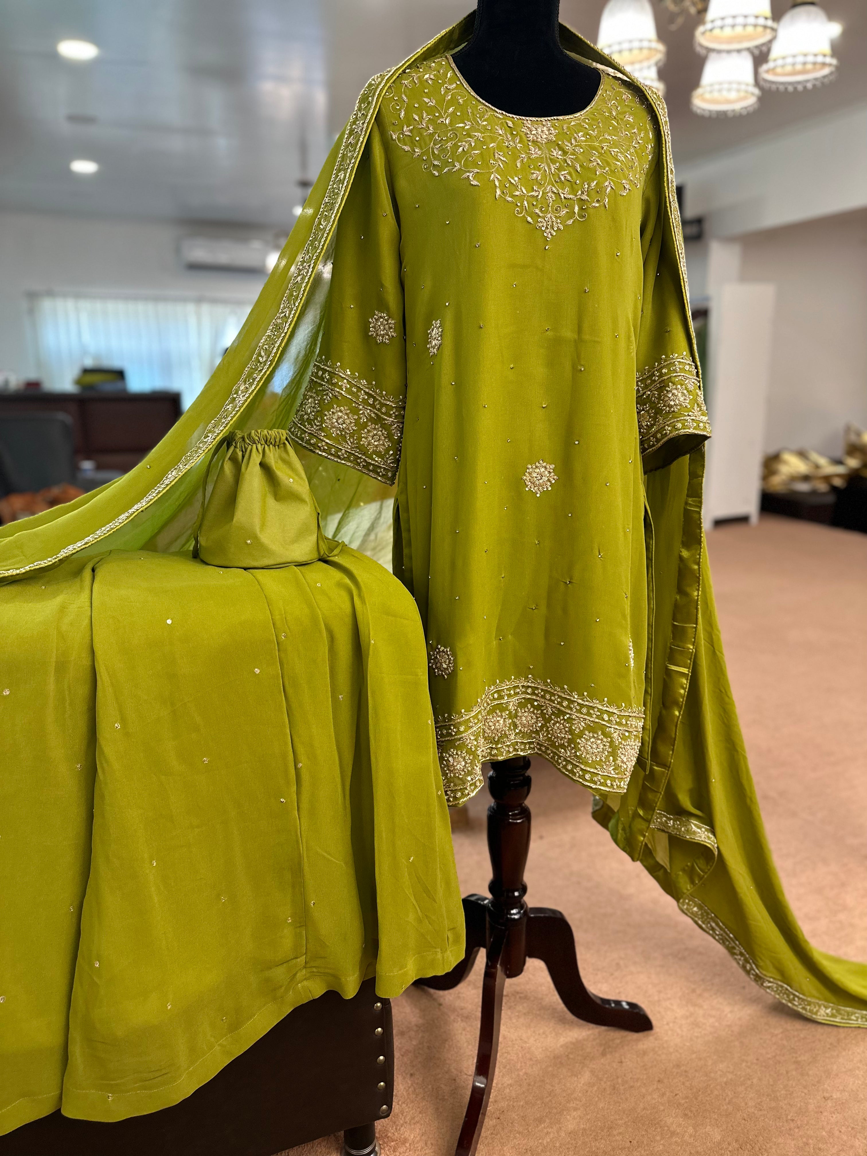 Handembroidered sharara mehndi dress Pastau
