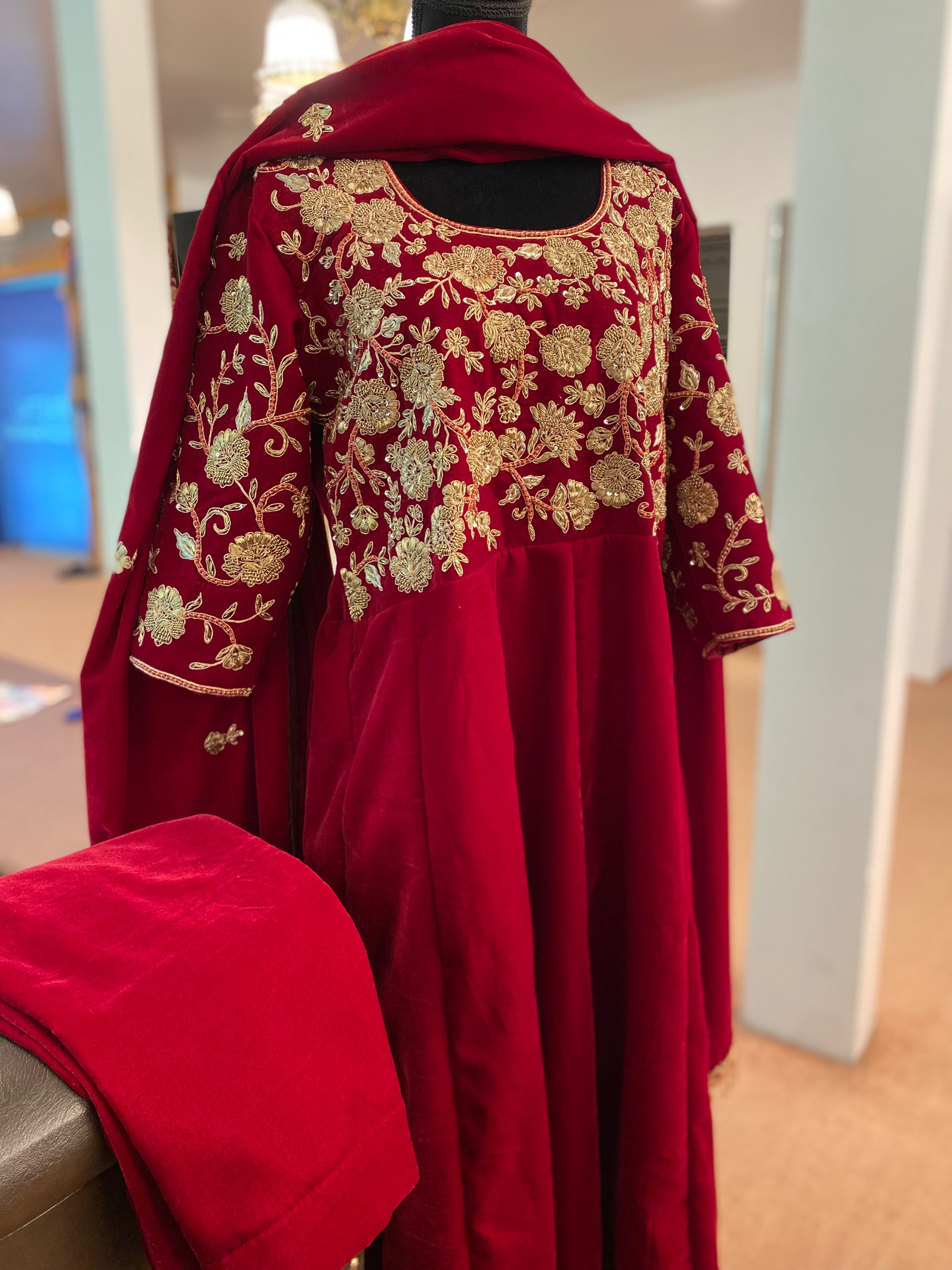 Hand embroidered velvet anarkali 3pc stitched