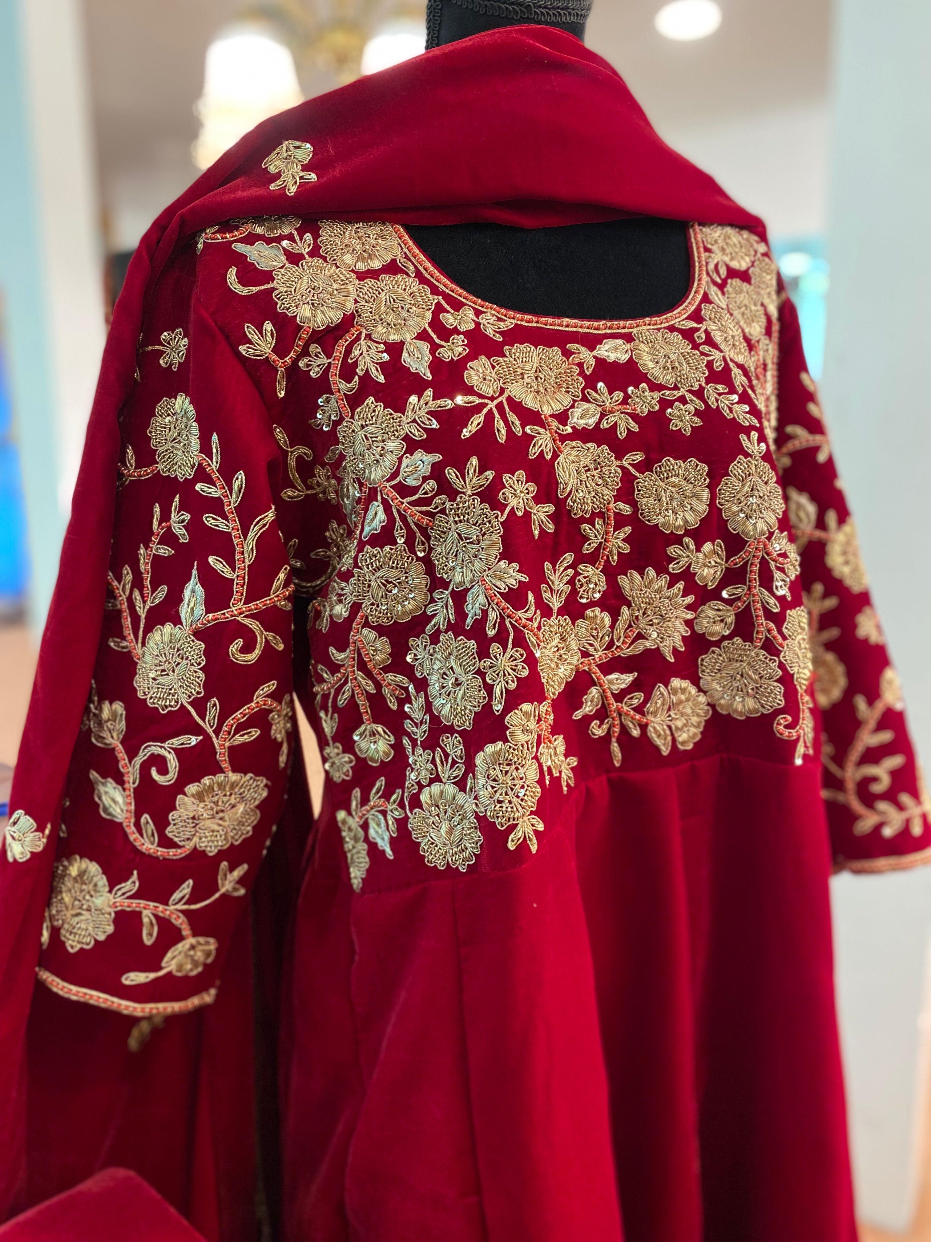 Hand embroidered velvet anarkali 3pc stitched
