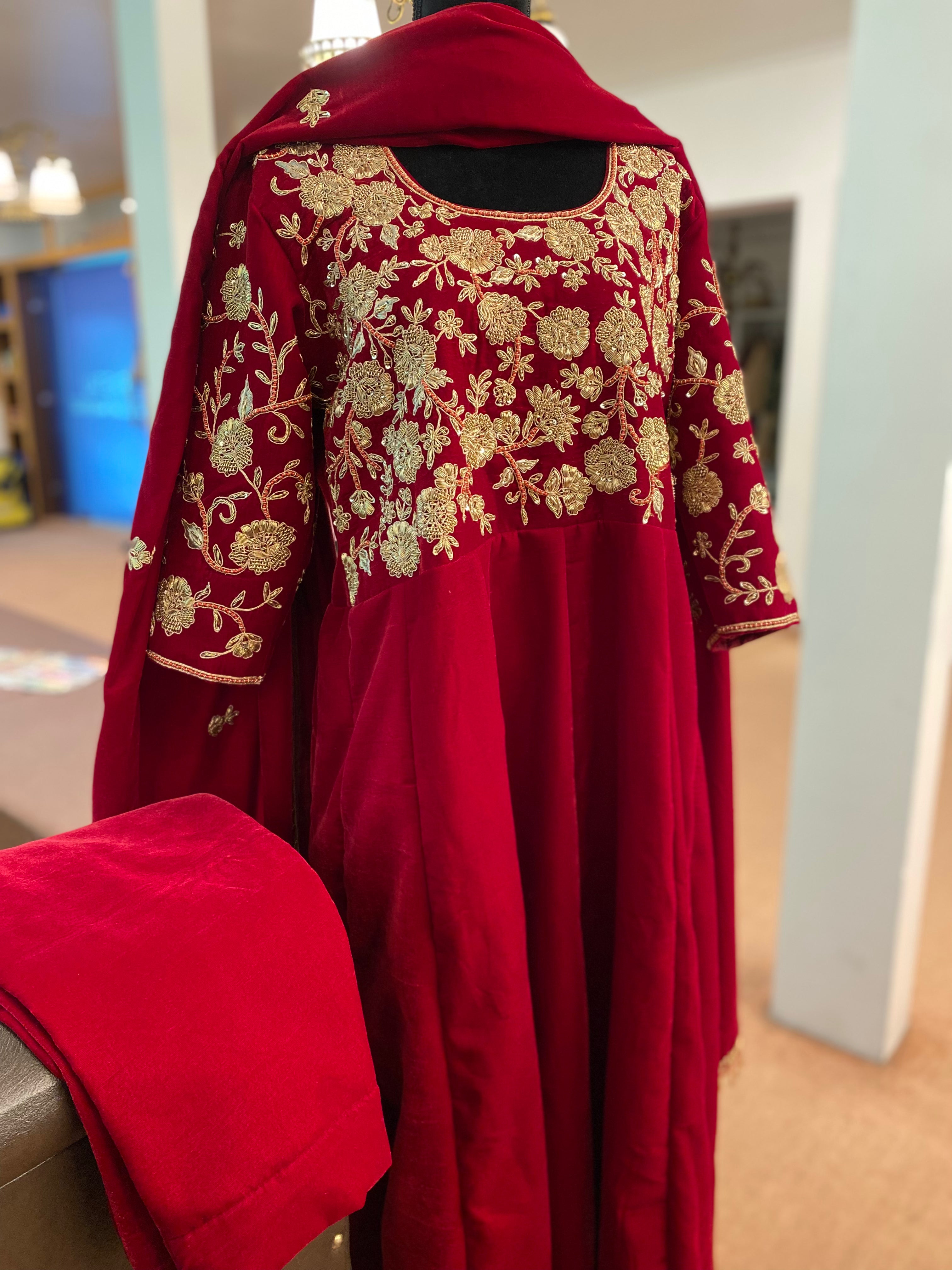 Hand embroidered velvet anarkali 3pc stitched