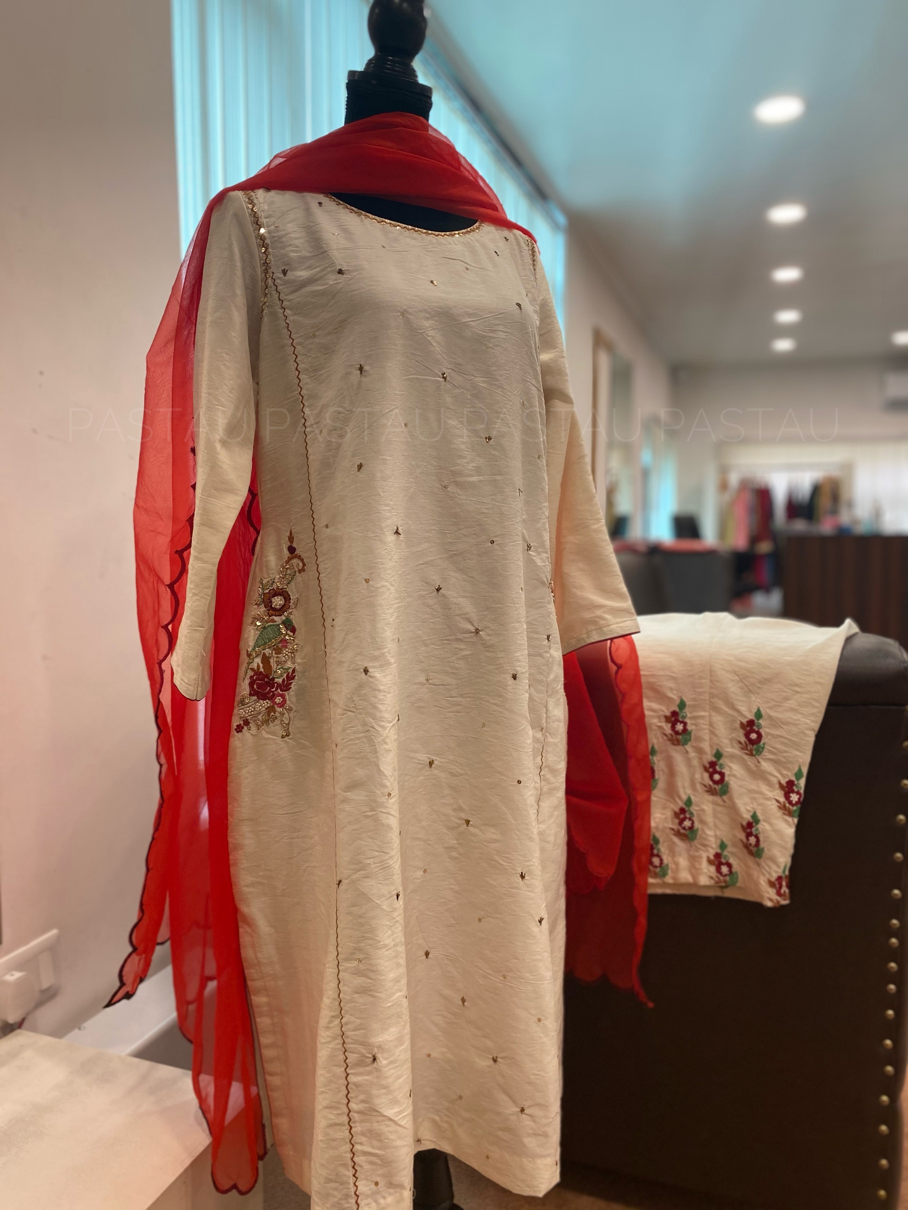 Hand Embroidered pure Raw silk dress with organza Duppata stitched