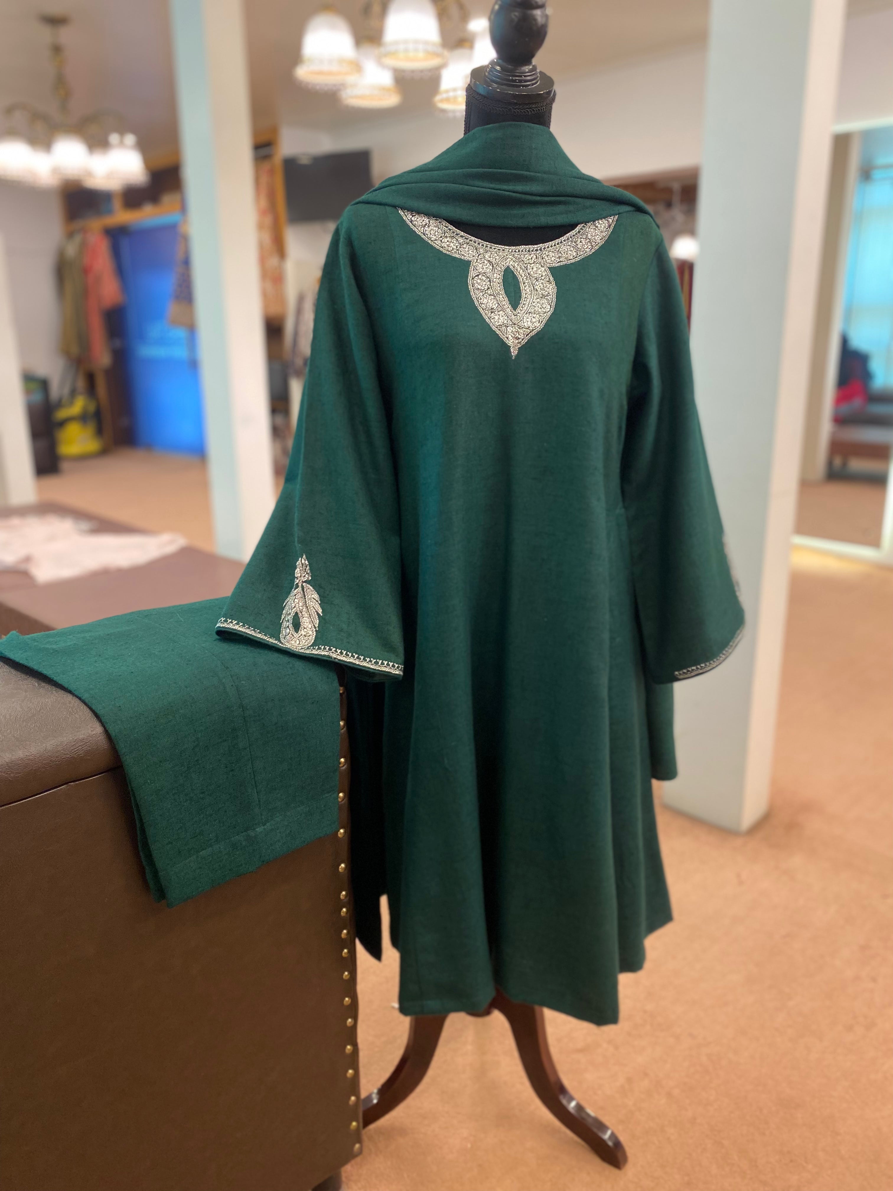 Pure pashmina and pure wool blend Kali dress with hand Tilla 3pc stitched.