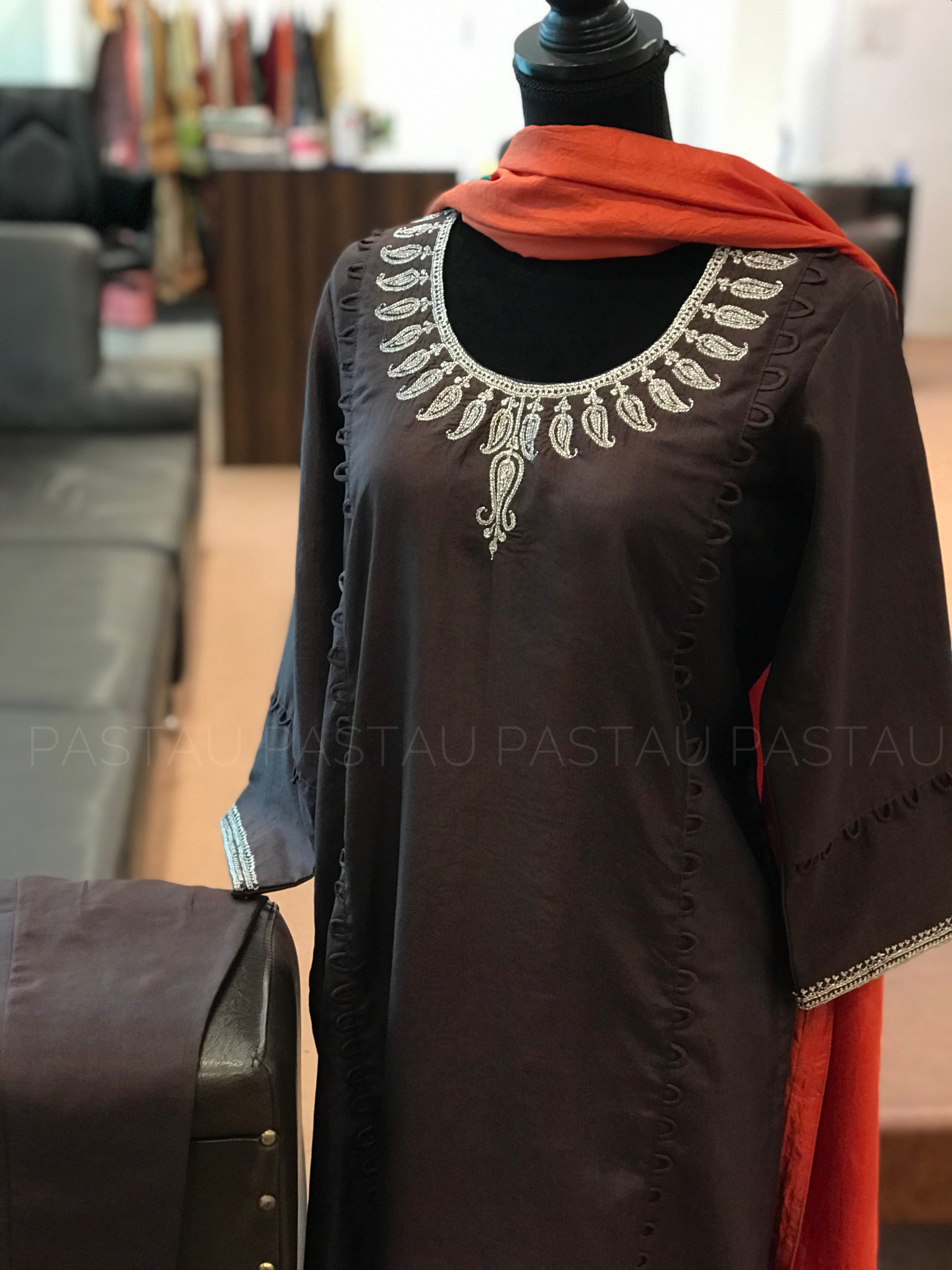 Chocolate brown and rust Hand Tilla pure silk 3pc stitched