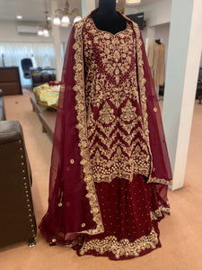 Hand embroidered Maroon Bridal dress