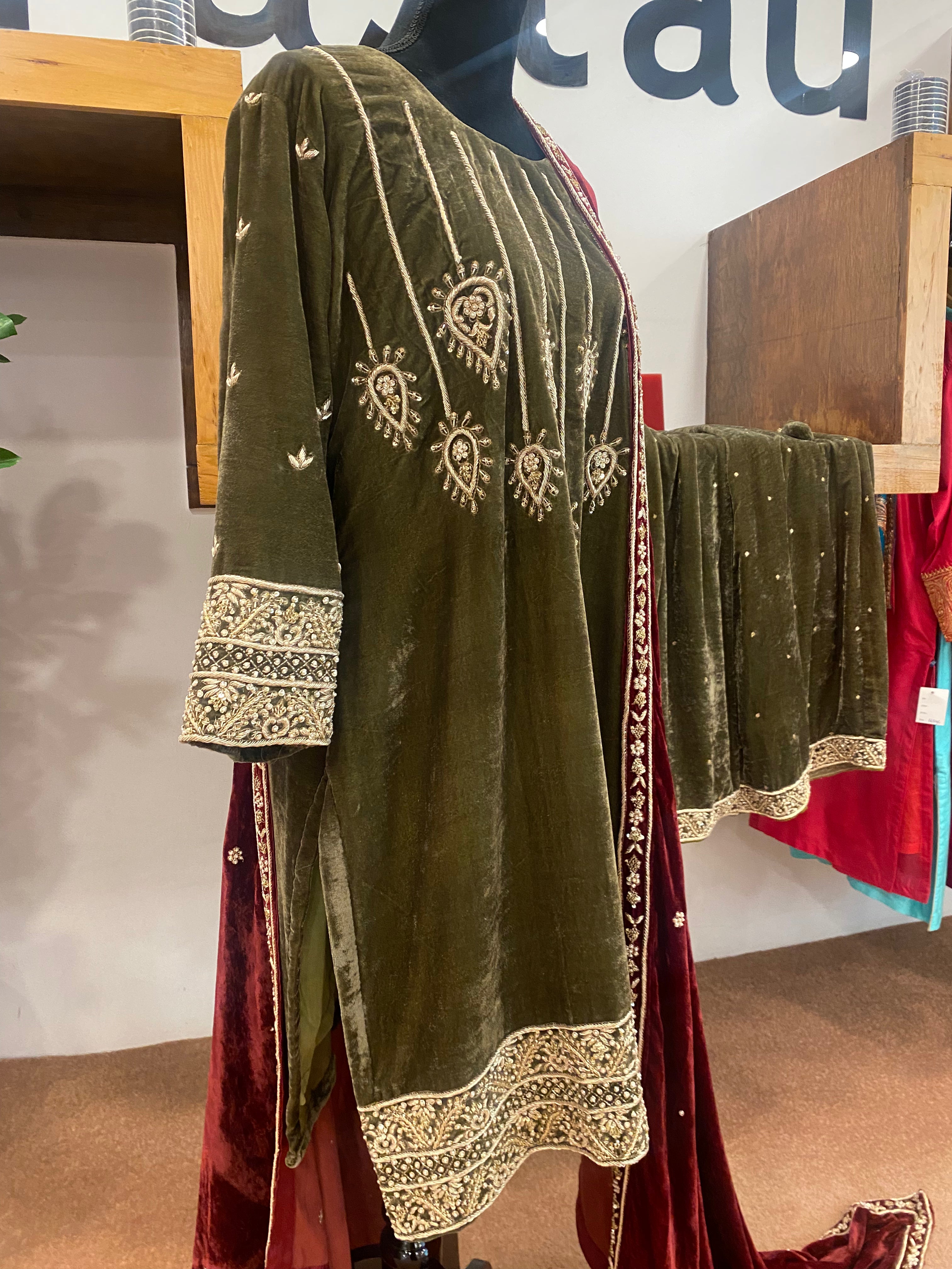 Hand embroidered Sharara Velvet Dress