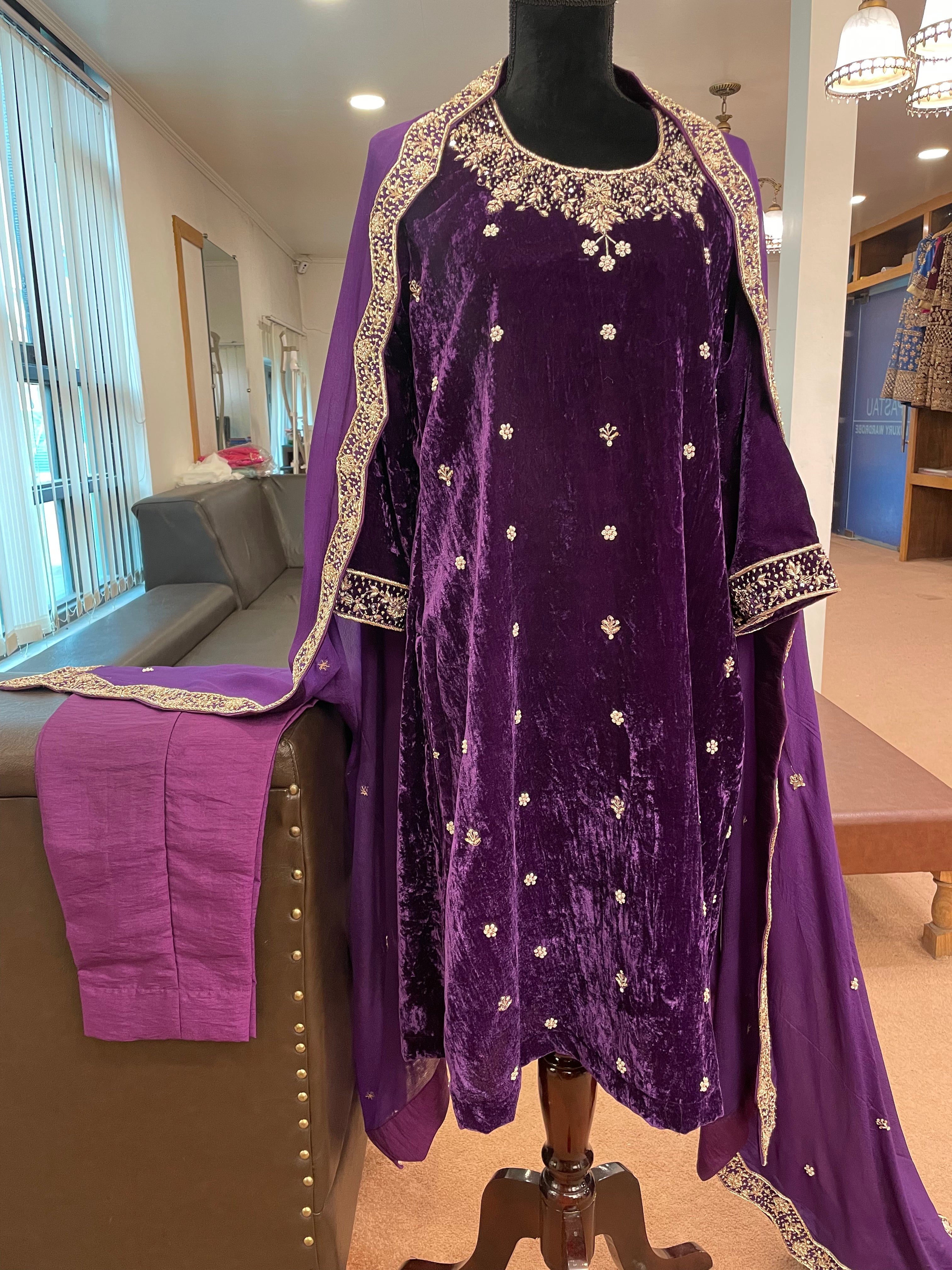 Velvet embroidered 3 piece kurta set