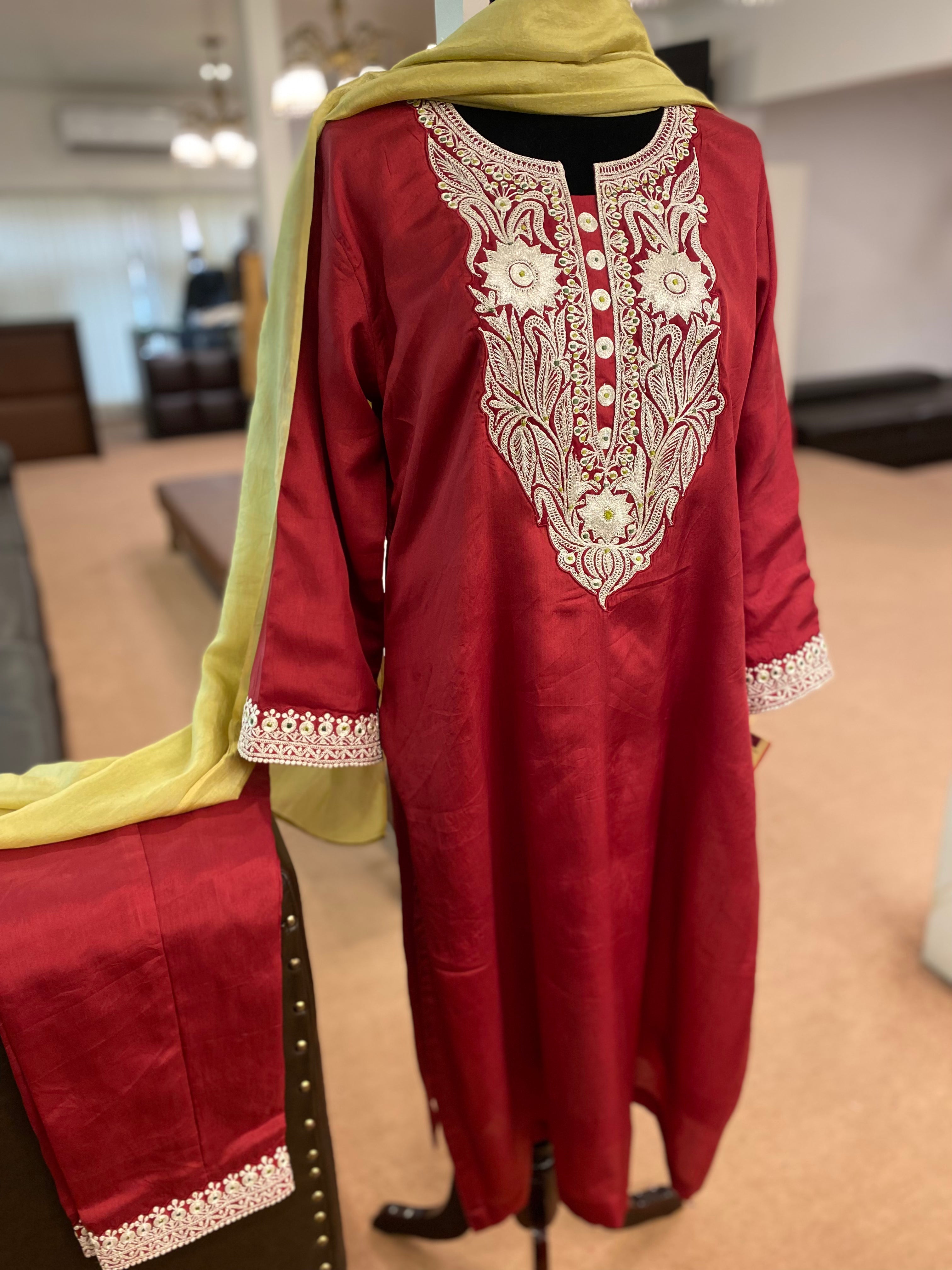 Pure silk tilla kurta set 3pc stitched Mtks223