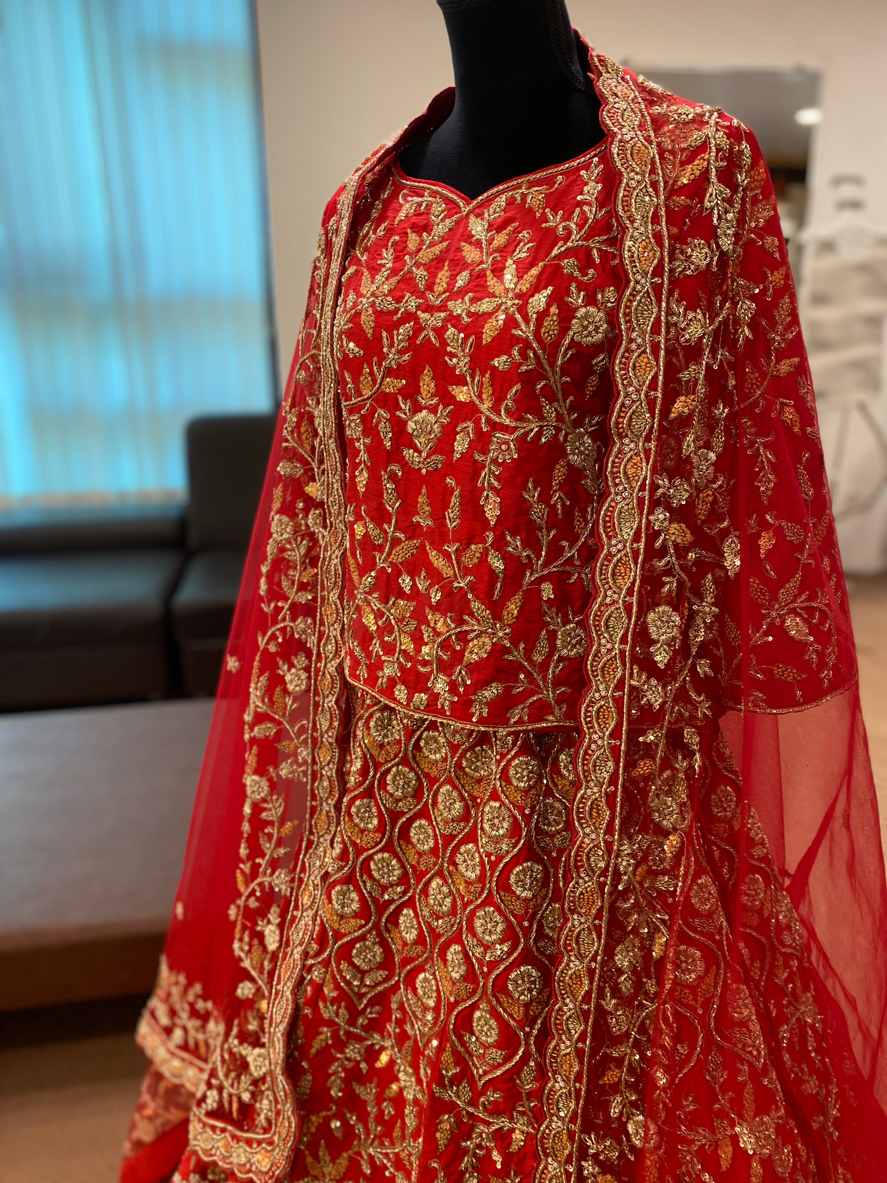 Hand embroidered Red bridal Lehanga