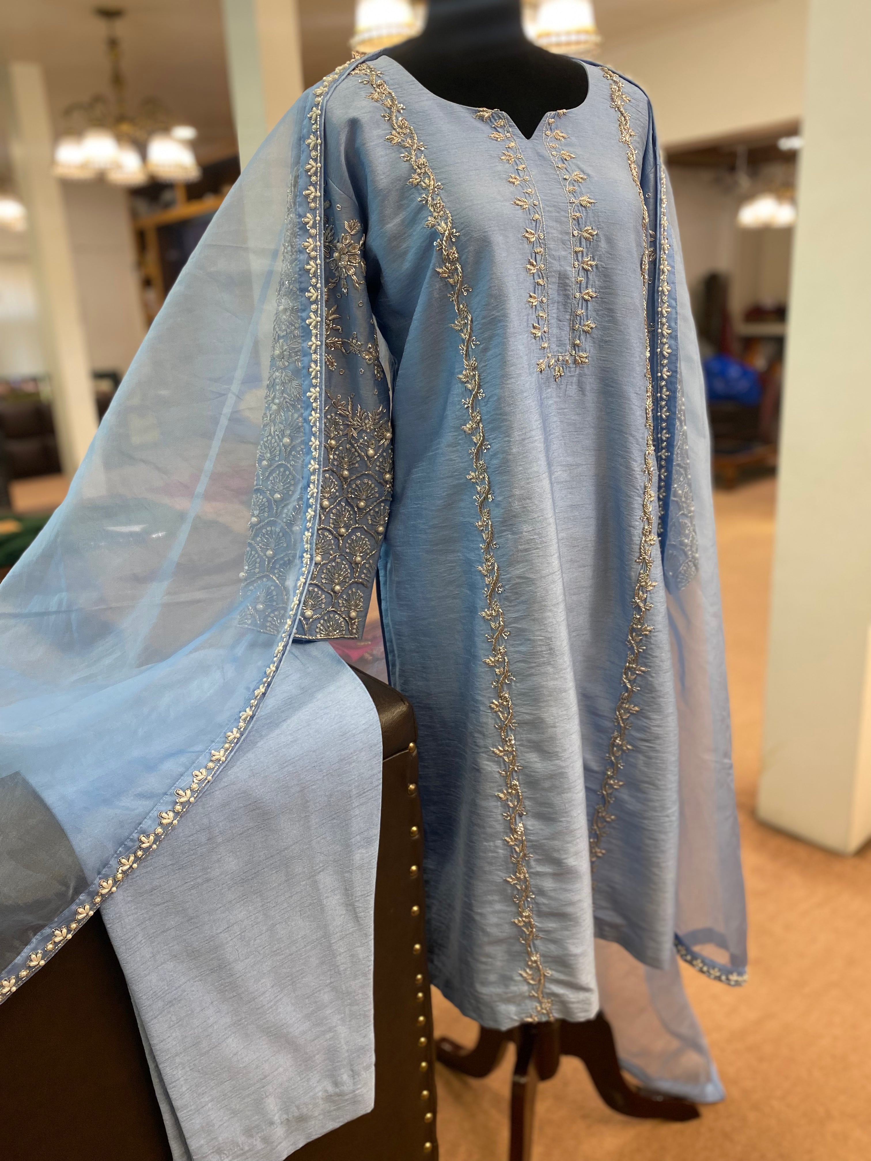 Dusty blue hand embroidered suit 3pc stitched