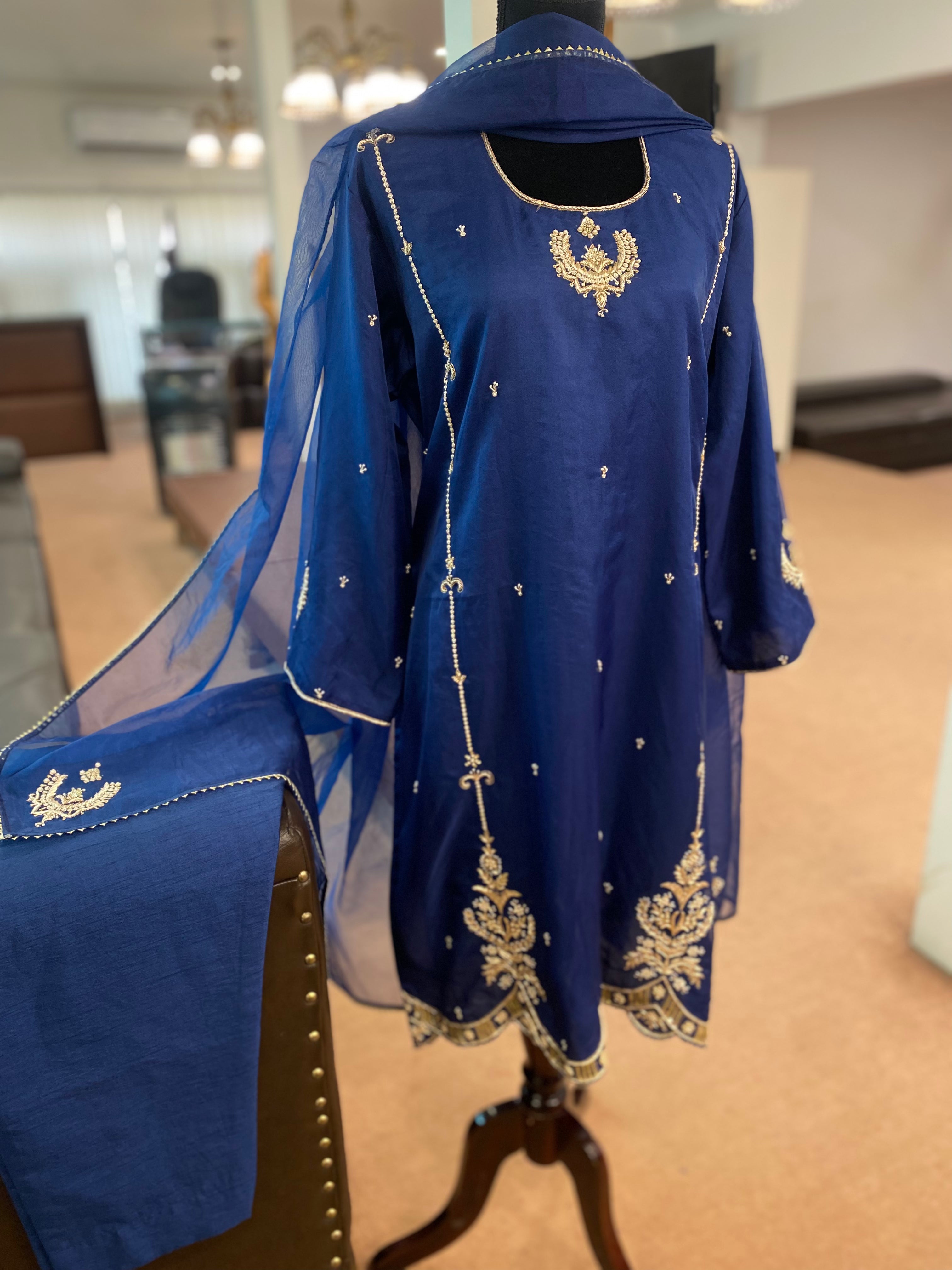 Hand embroidered organza dress 3pc stitched