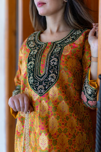 Handembroidered kimkhab pheran with pure silk pants