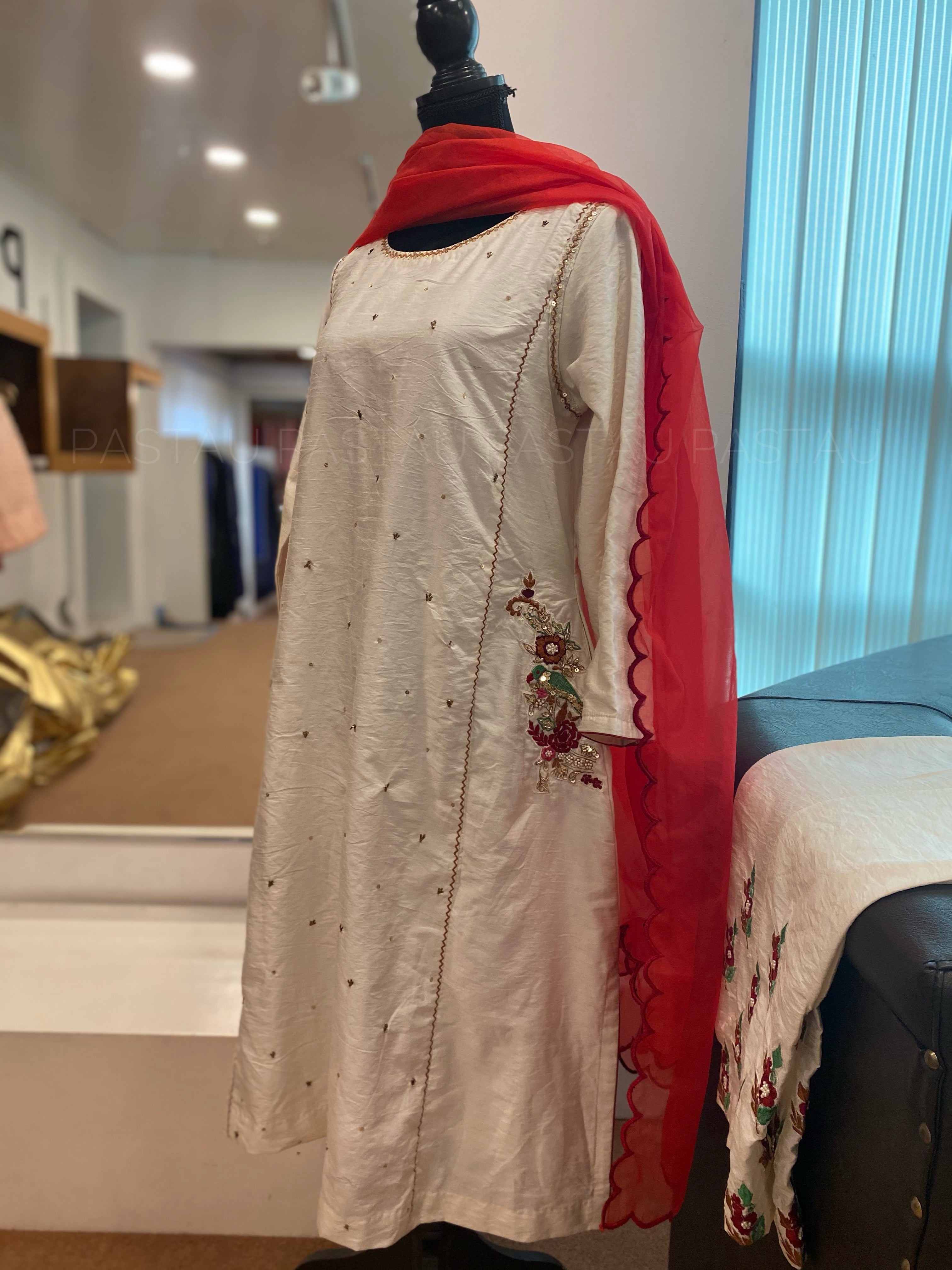 Hand Embroidered pure Raw silk dress with organza Duppata stitched