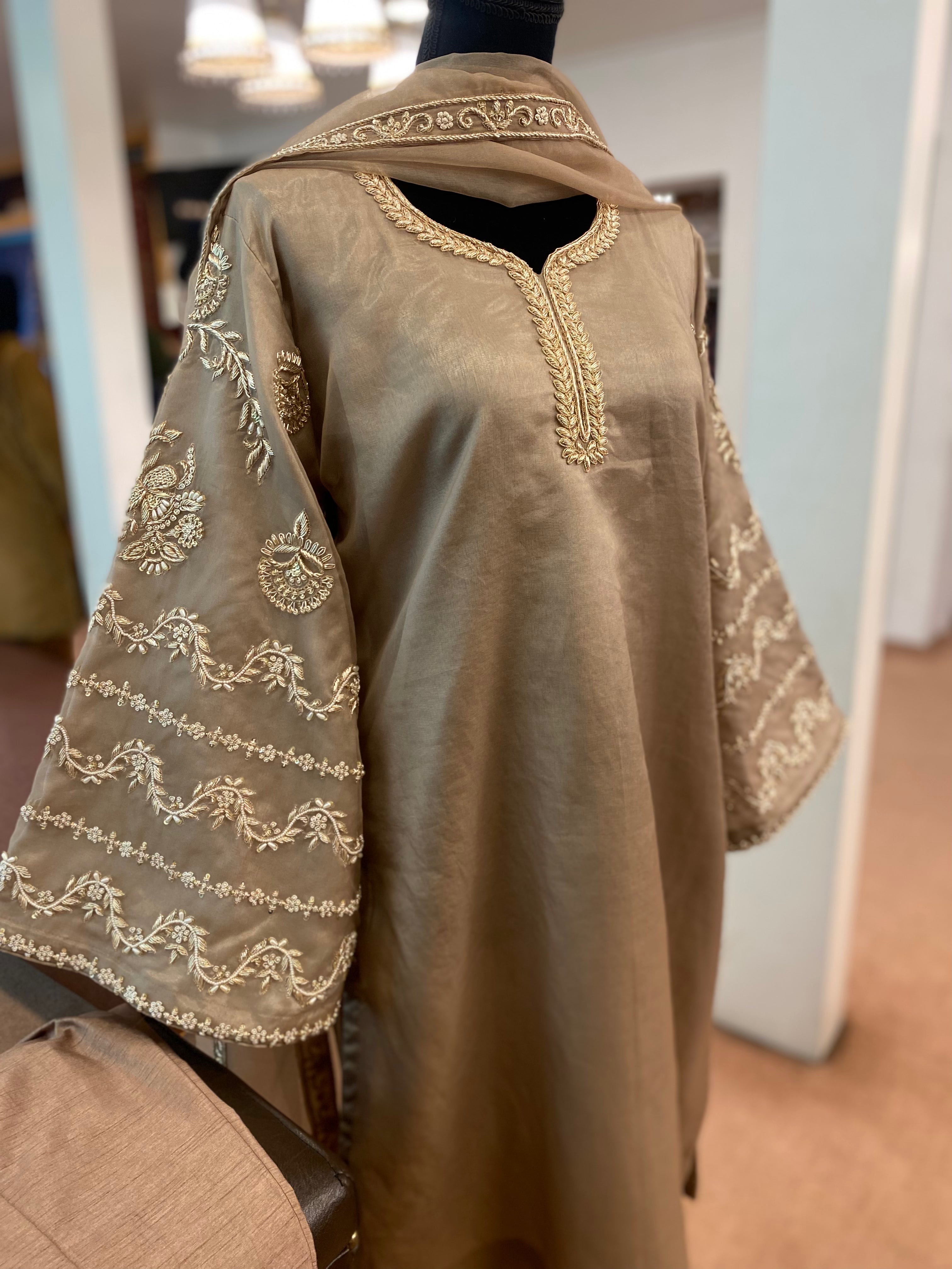 Organza hand embroidered suit with raw silk pants