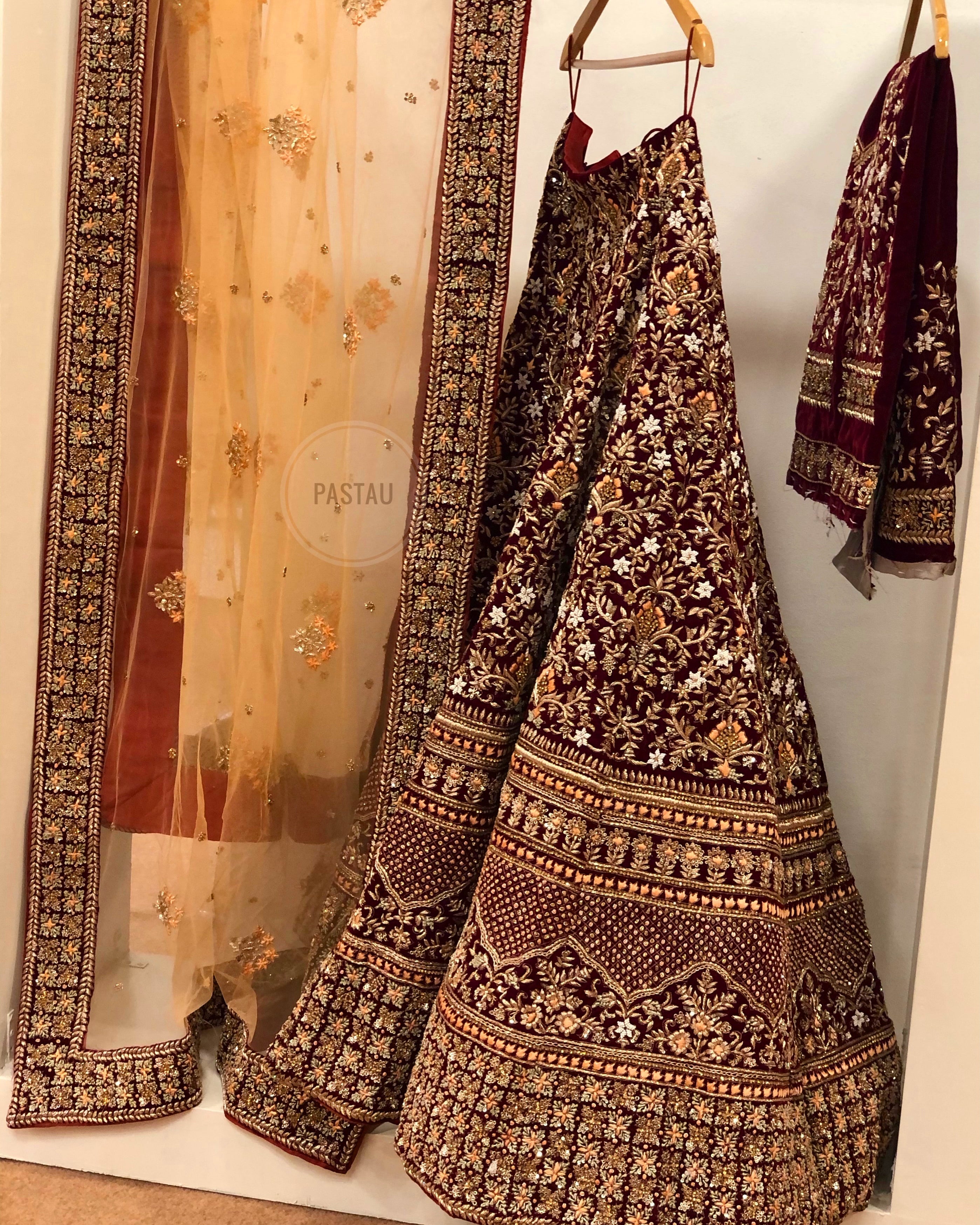 Maroon velvet & Net Ensemble - Pastau