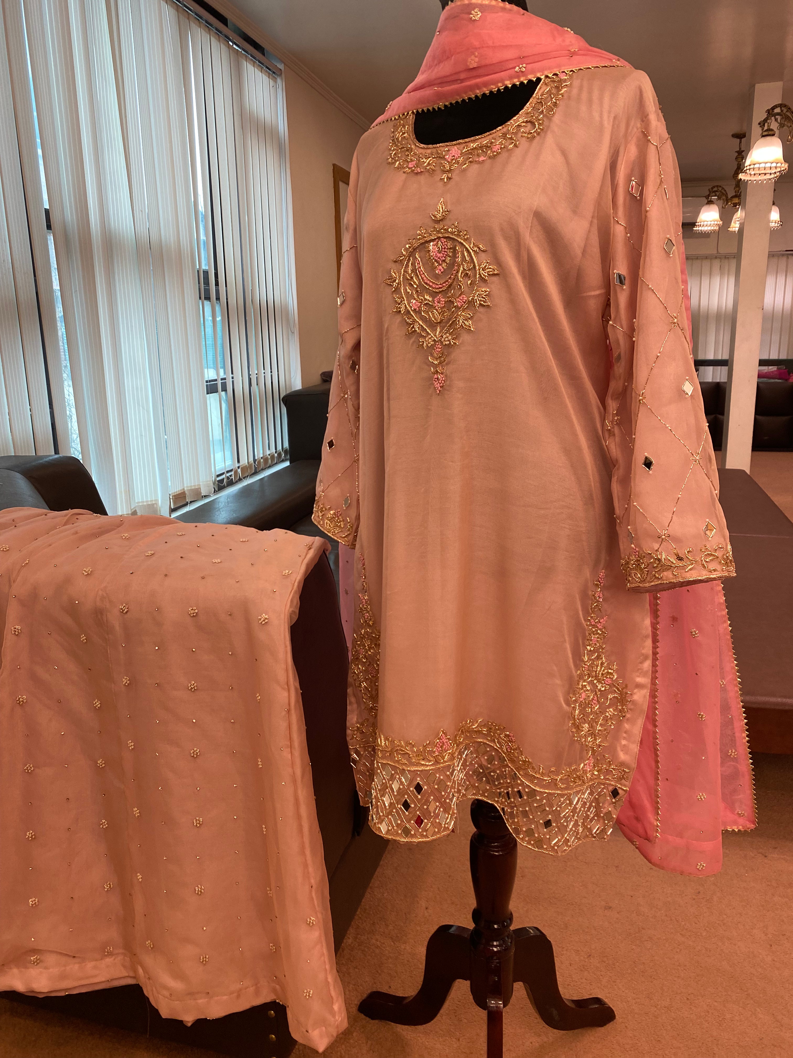 Hand embroidered Organza  sharara dress 3pc stitched