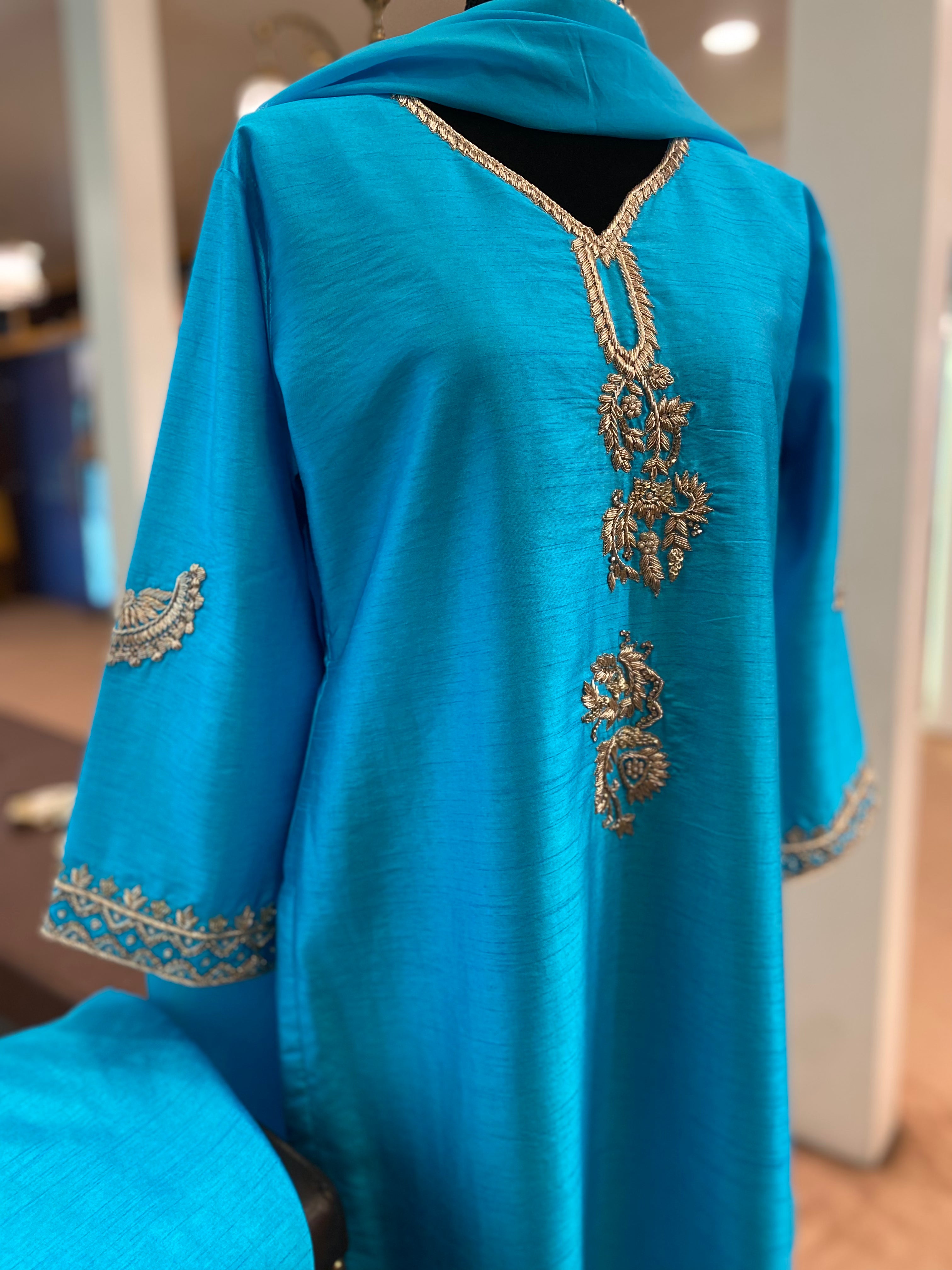 Hand embroidered raw silk suit