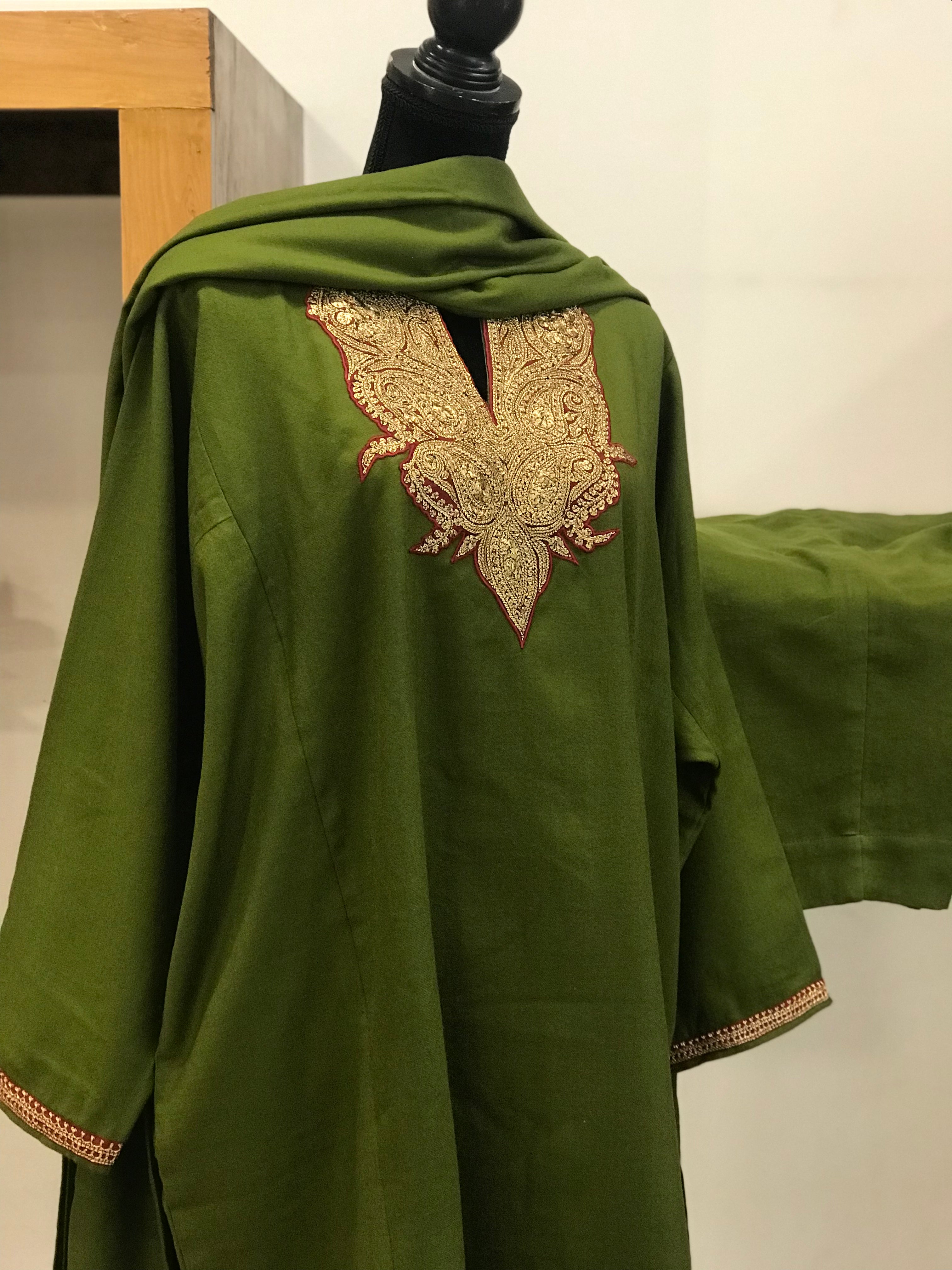 Pure pashmina and pure wool blend kurta set with Hand tilla 3pc stitched