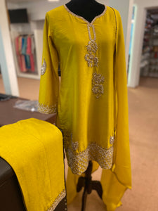 Hand embroidered Mustard dress 3pc stitched