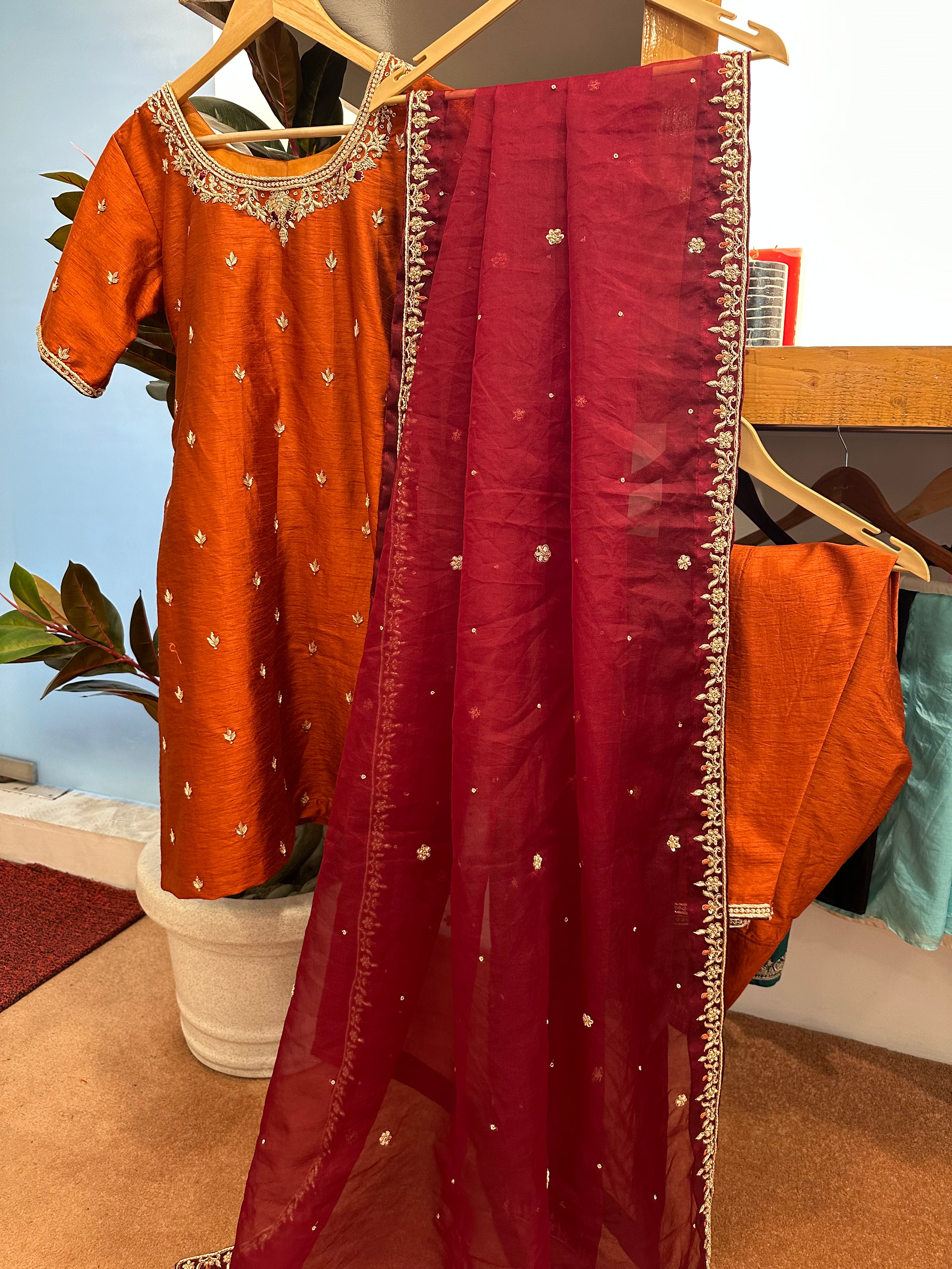 Rust handembroidered kurta set