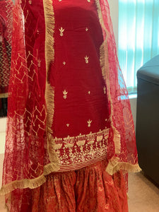 Hand embroidered shirt paired with Stitched Gharara and Duppata