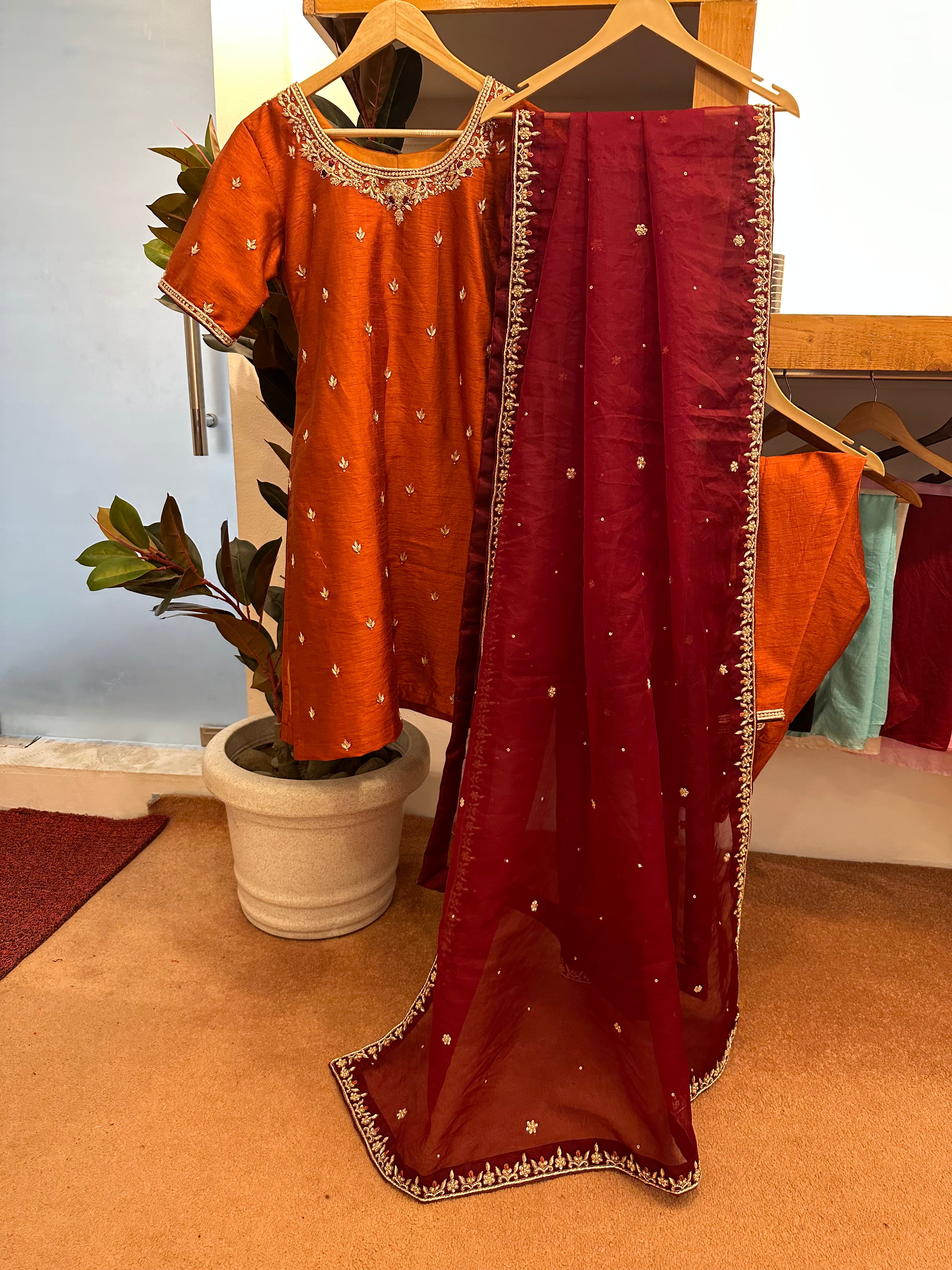 Rust handembroidered kurta set