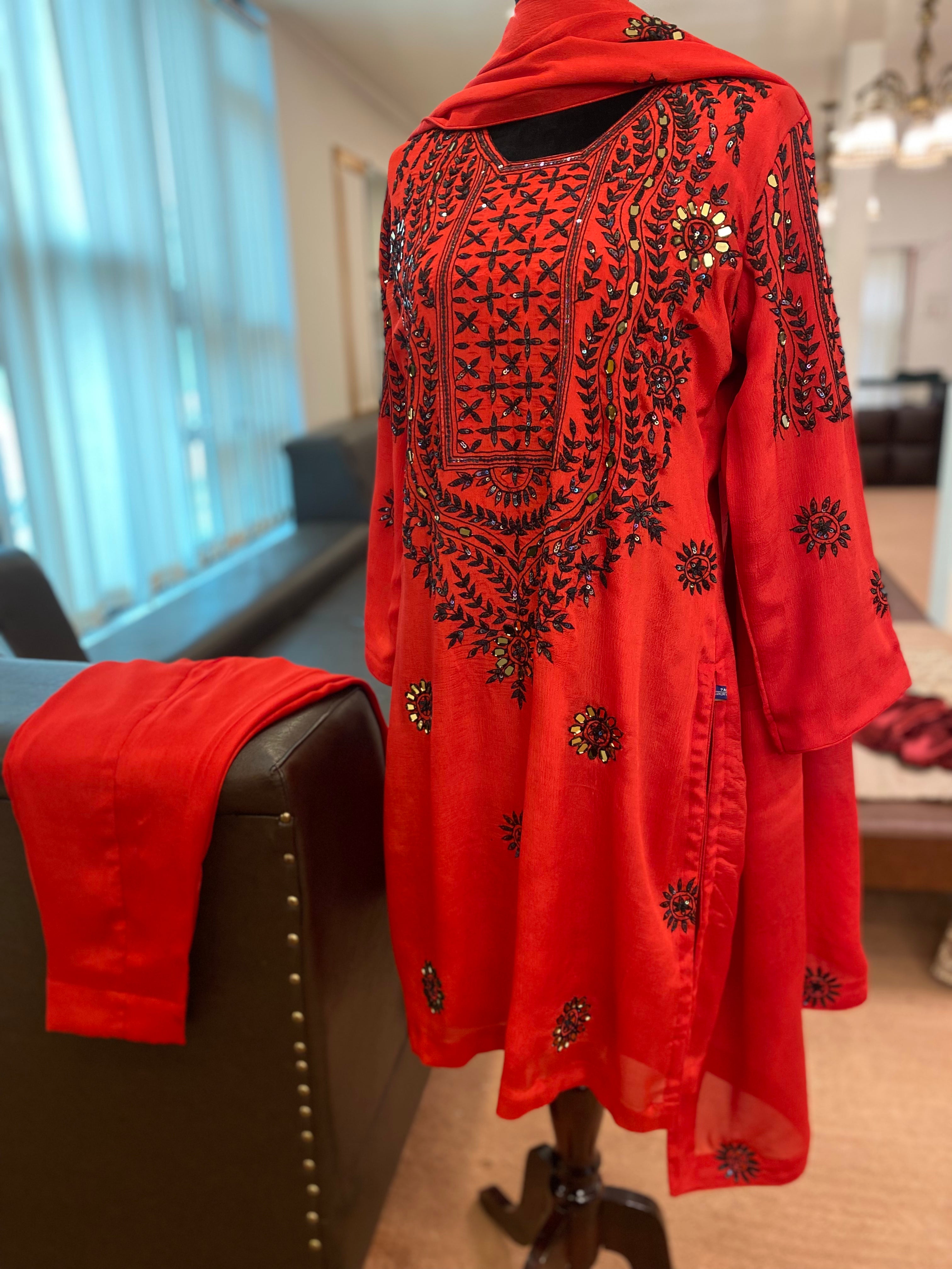 Red Chinon suit with mirror embellishment 3pc stitched