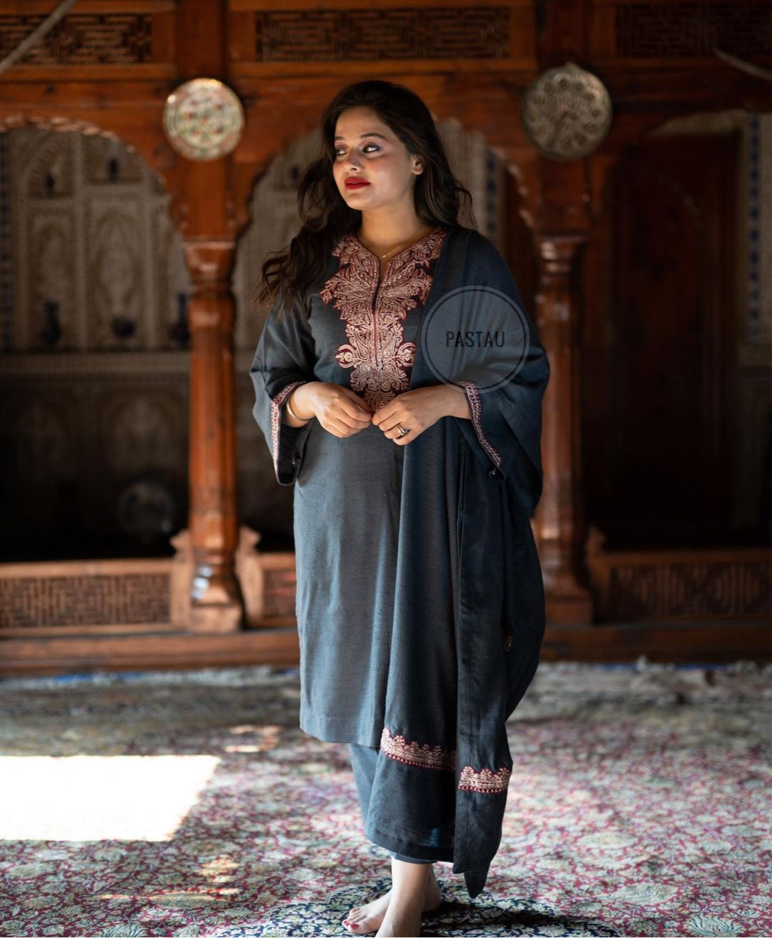 Pure pashmina wool blend dress 3pc with hand tilla