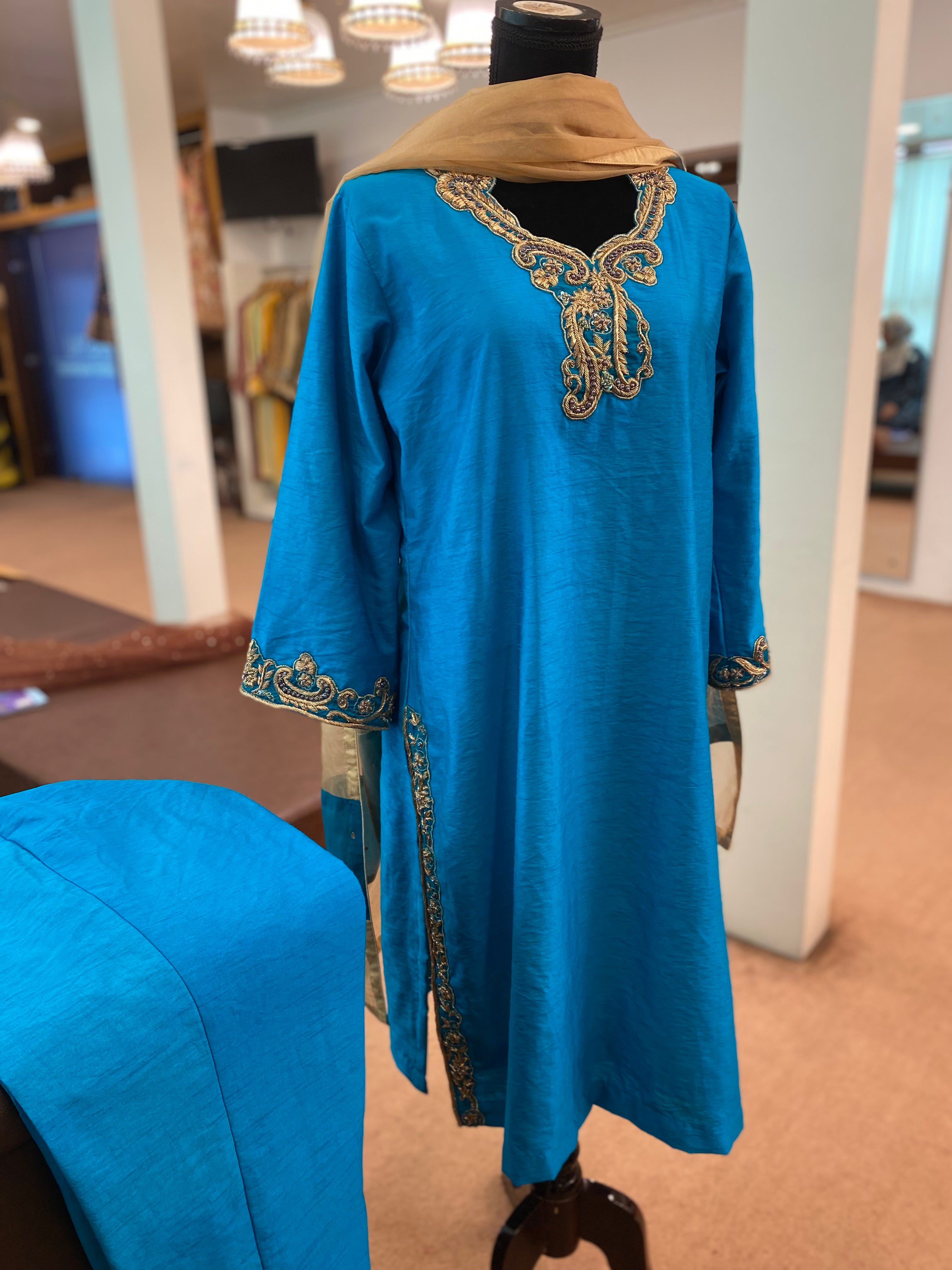 Hand embroidered Teal blue dress 3pc stitched PBKS117