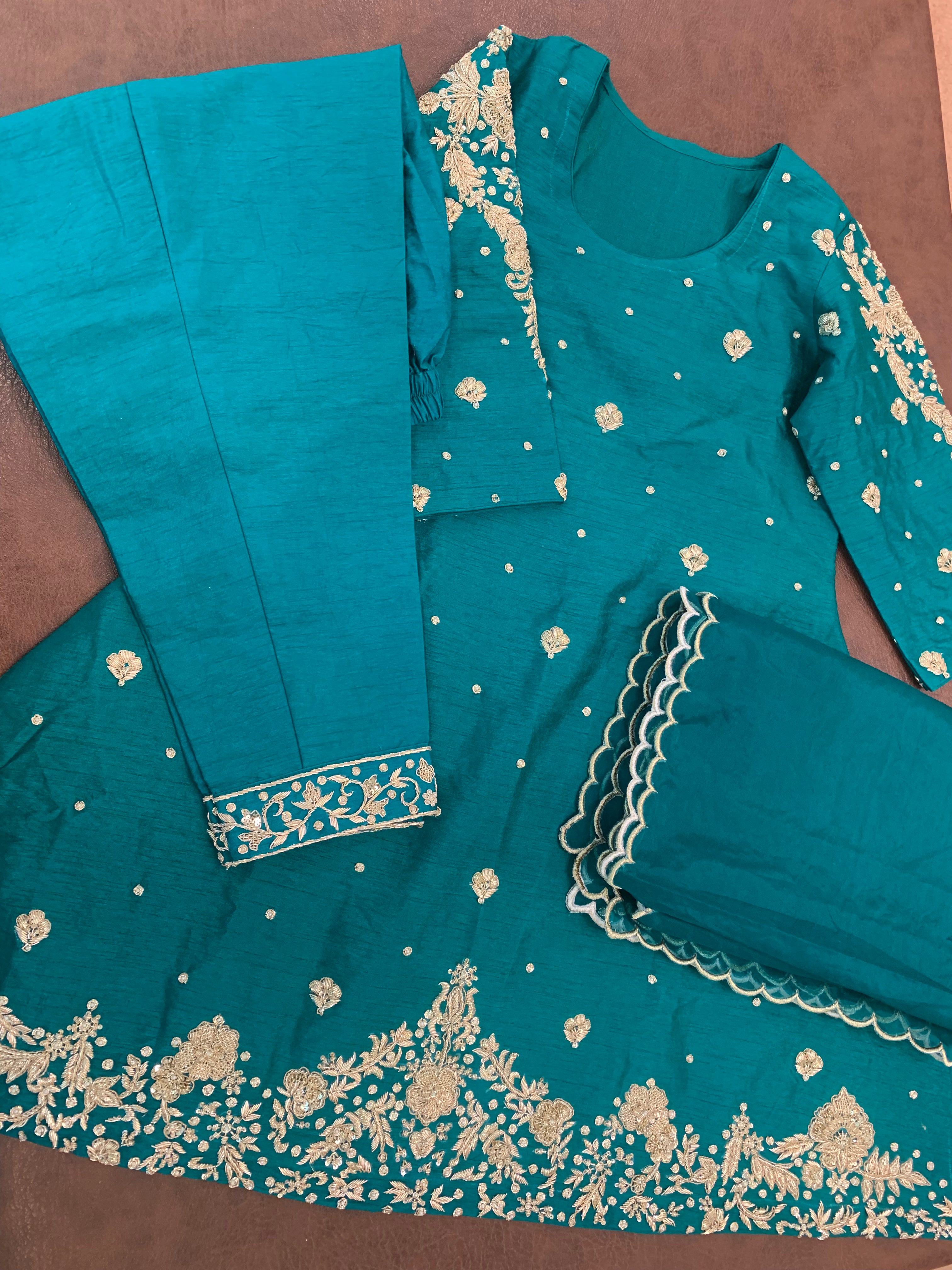 Hand embroidered A line dress 3pc stitched