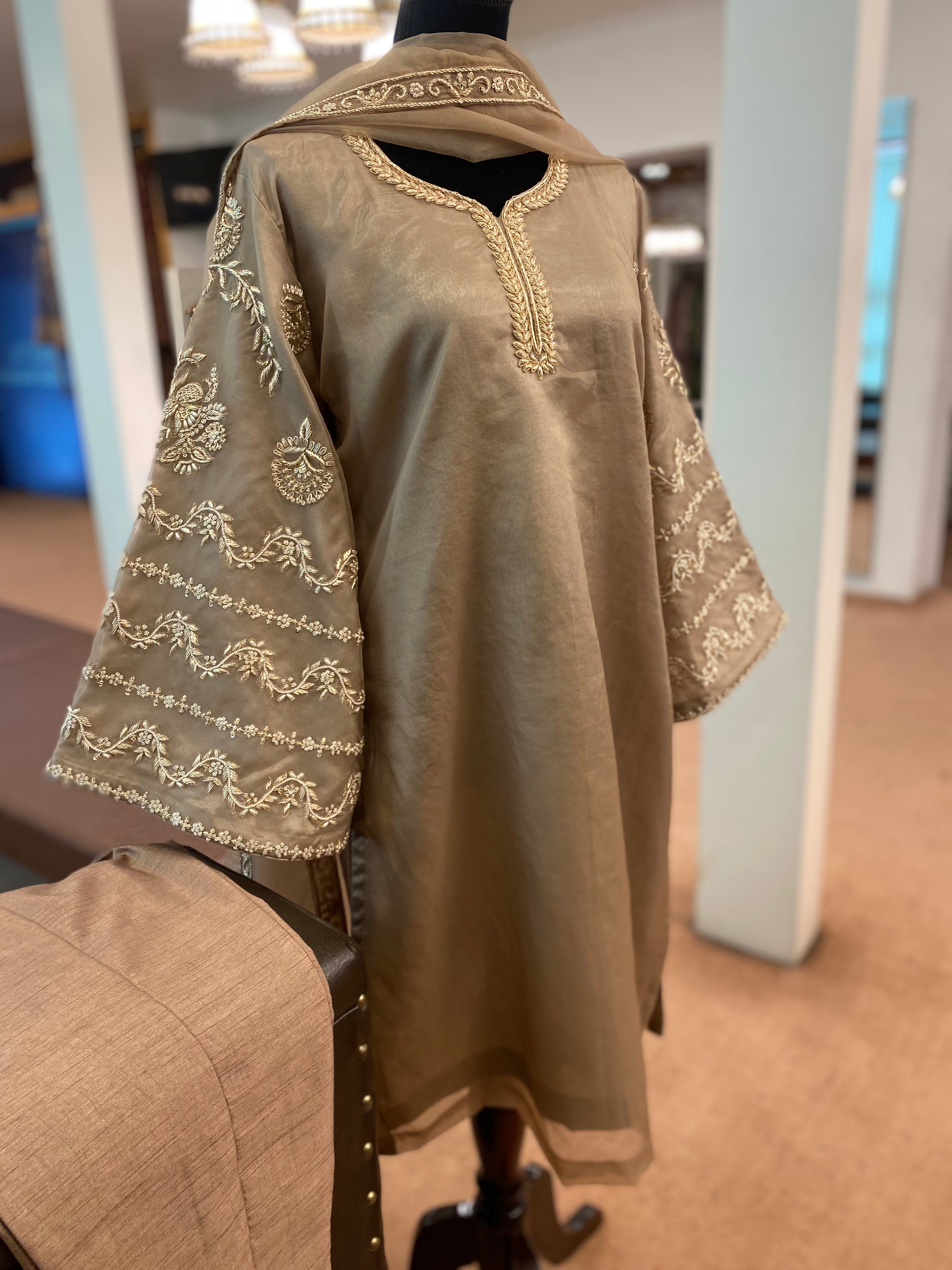 Organza hand embroidered suit with raw silk pants