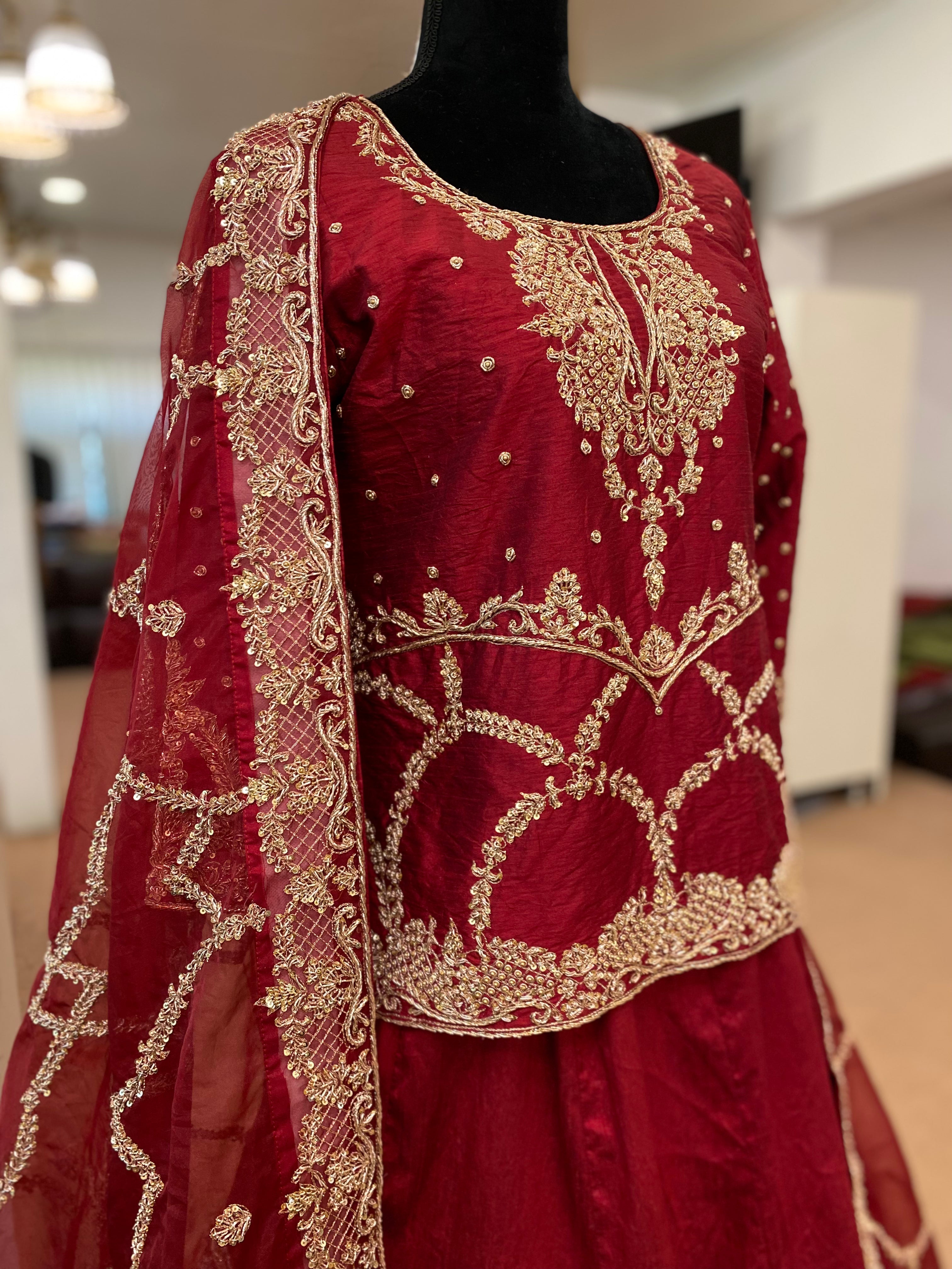 Hand embroidered maroon lehanga