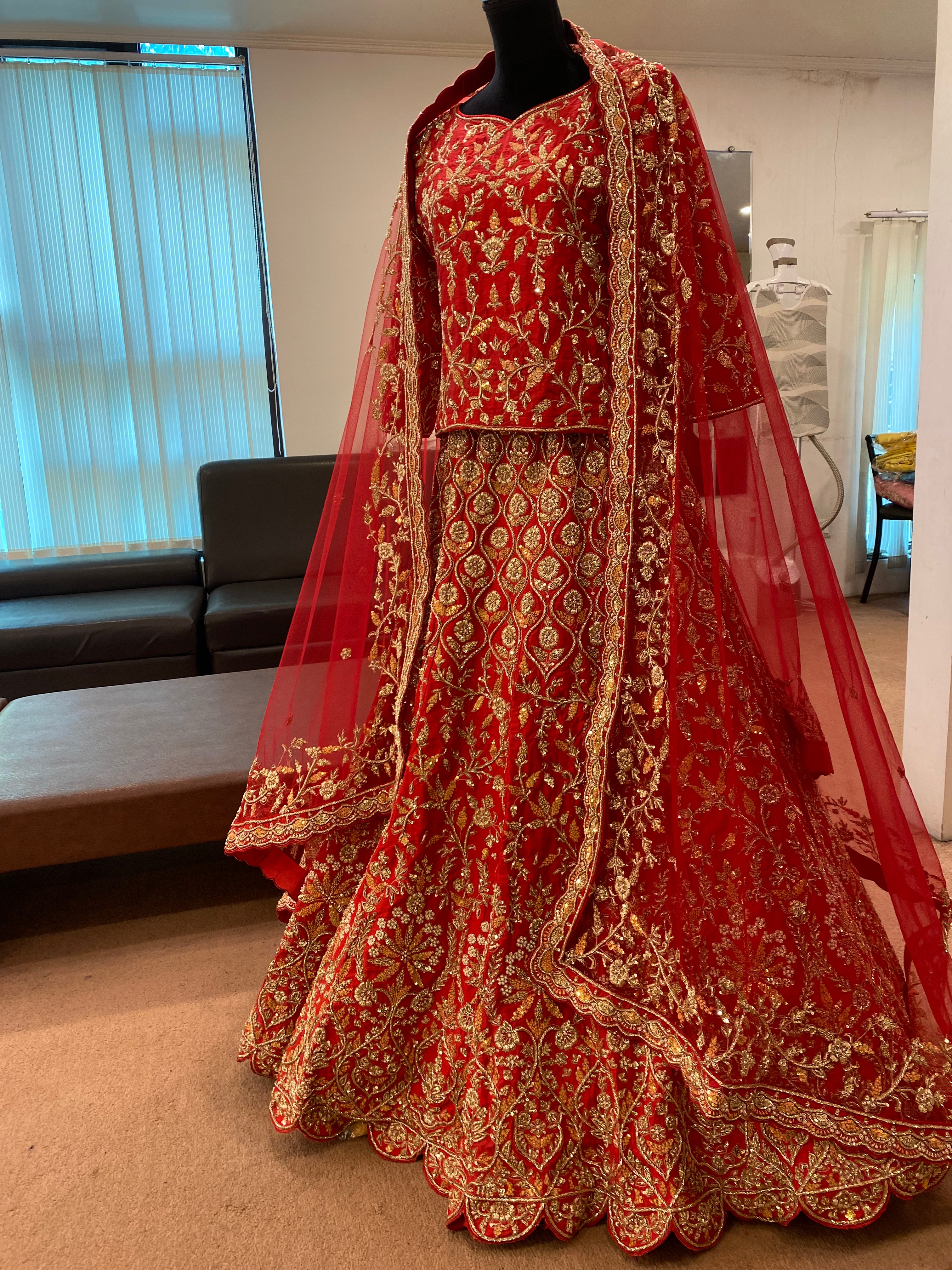 Hand embroidered Red bridal Lehanga