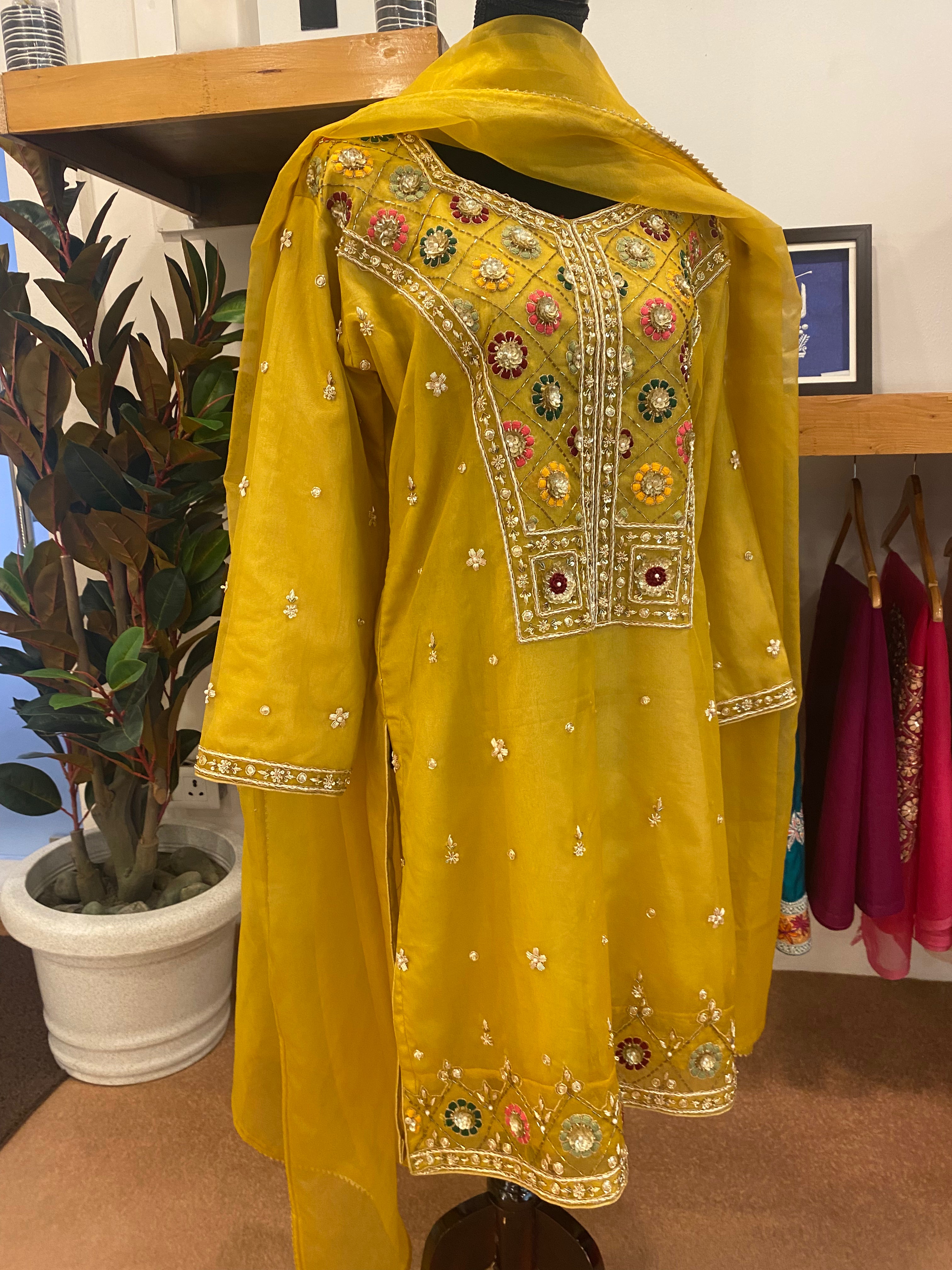 Hand embroidered Organza kurti and duppata set stitched