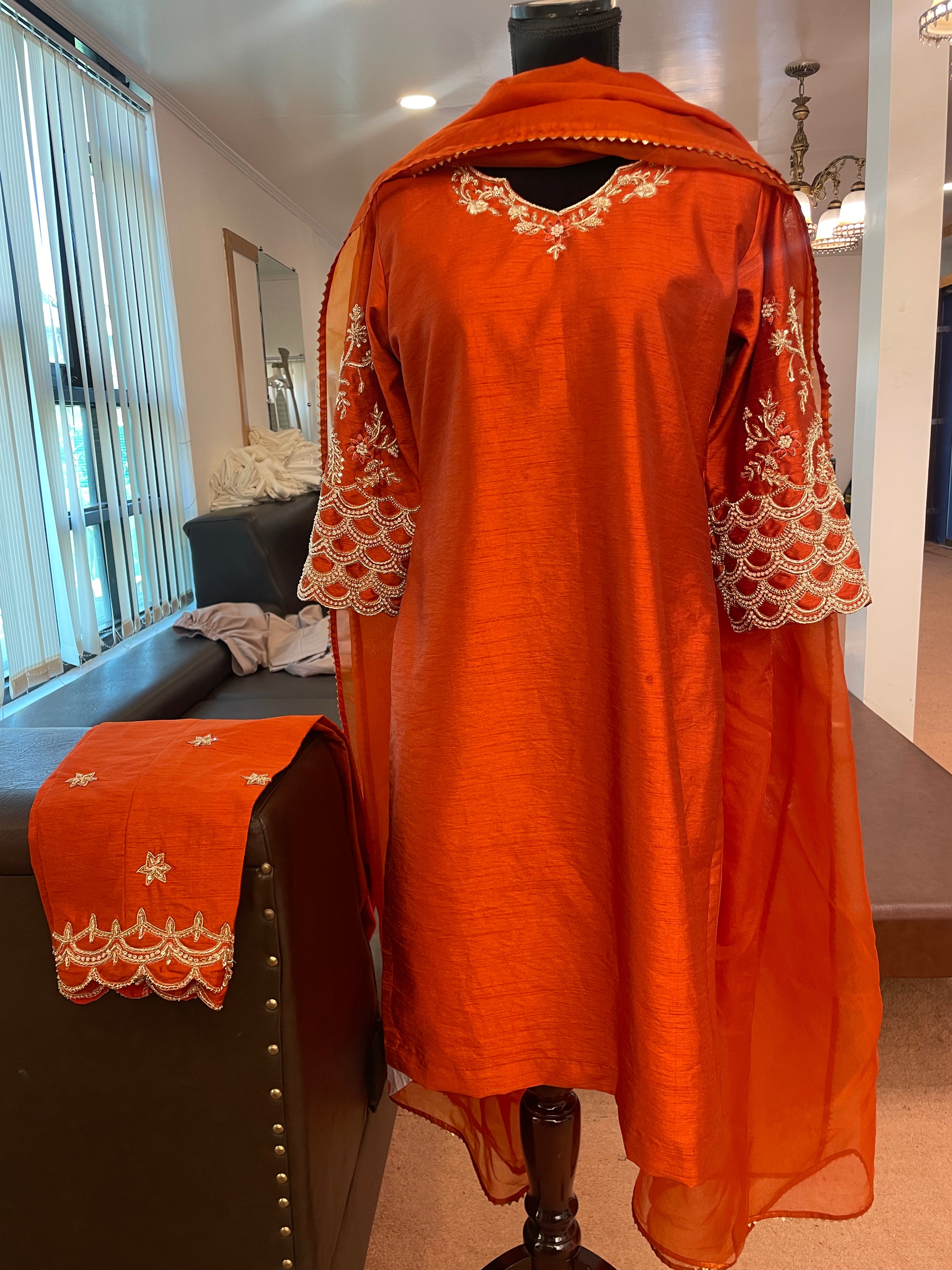 Raw silk rust embroidered 3 piece suit
