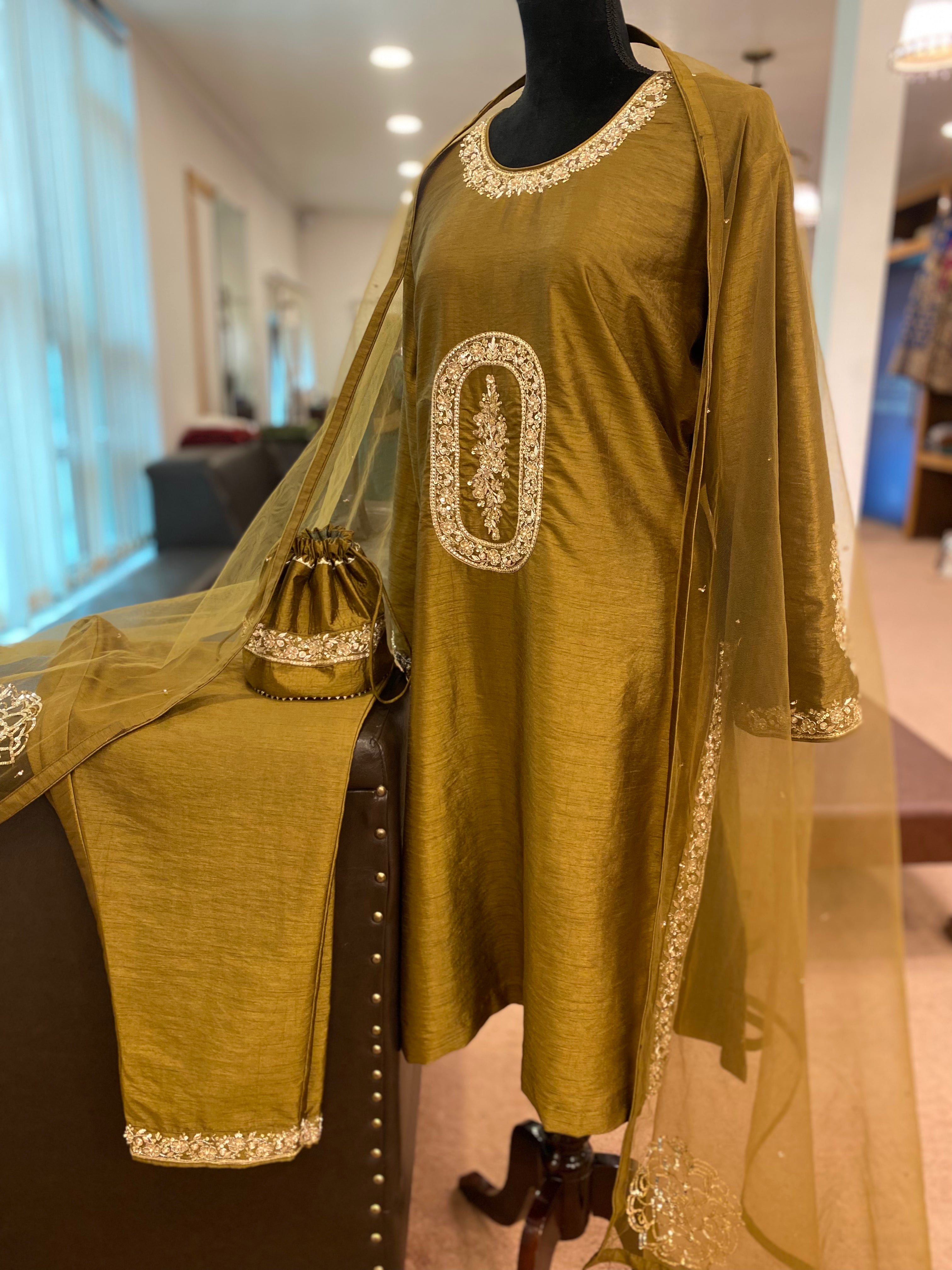 Raw silk handembroidered Suit 3pc