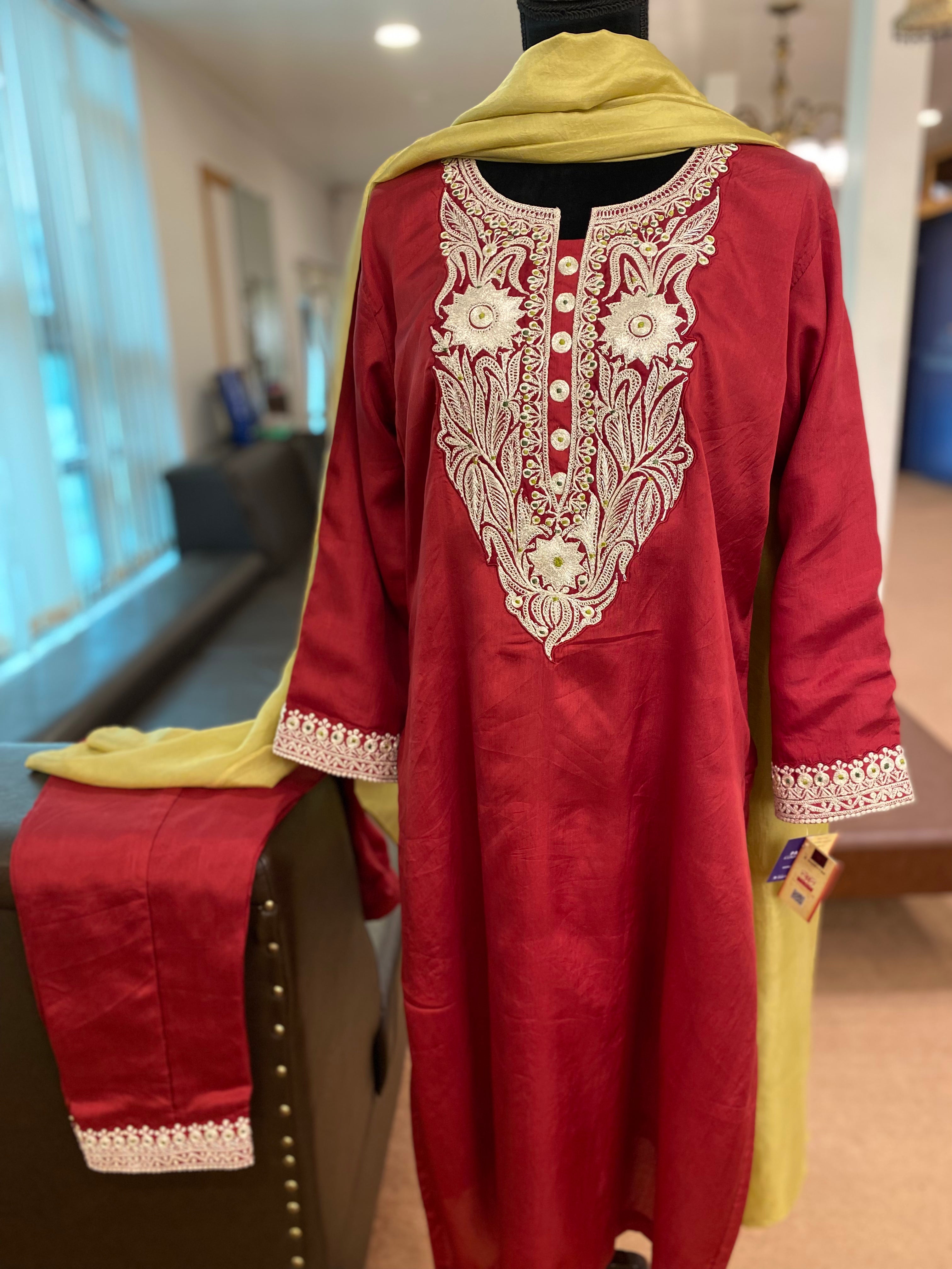 Pure silk tilla kurta set 3pc stitched Mtks223