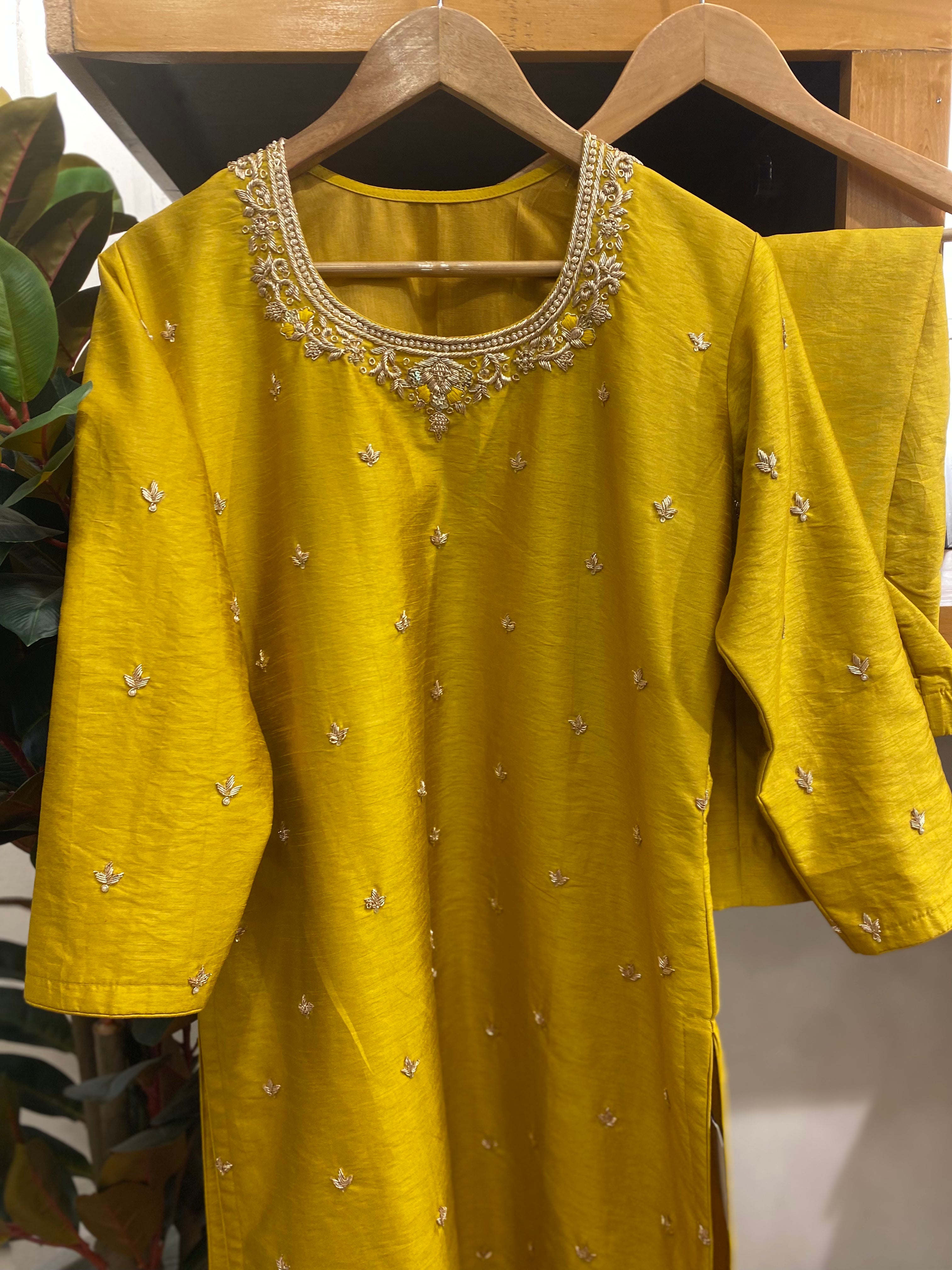 Hand embroidered mustard Suit 2pc stitched