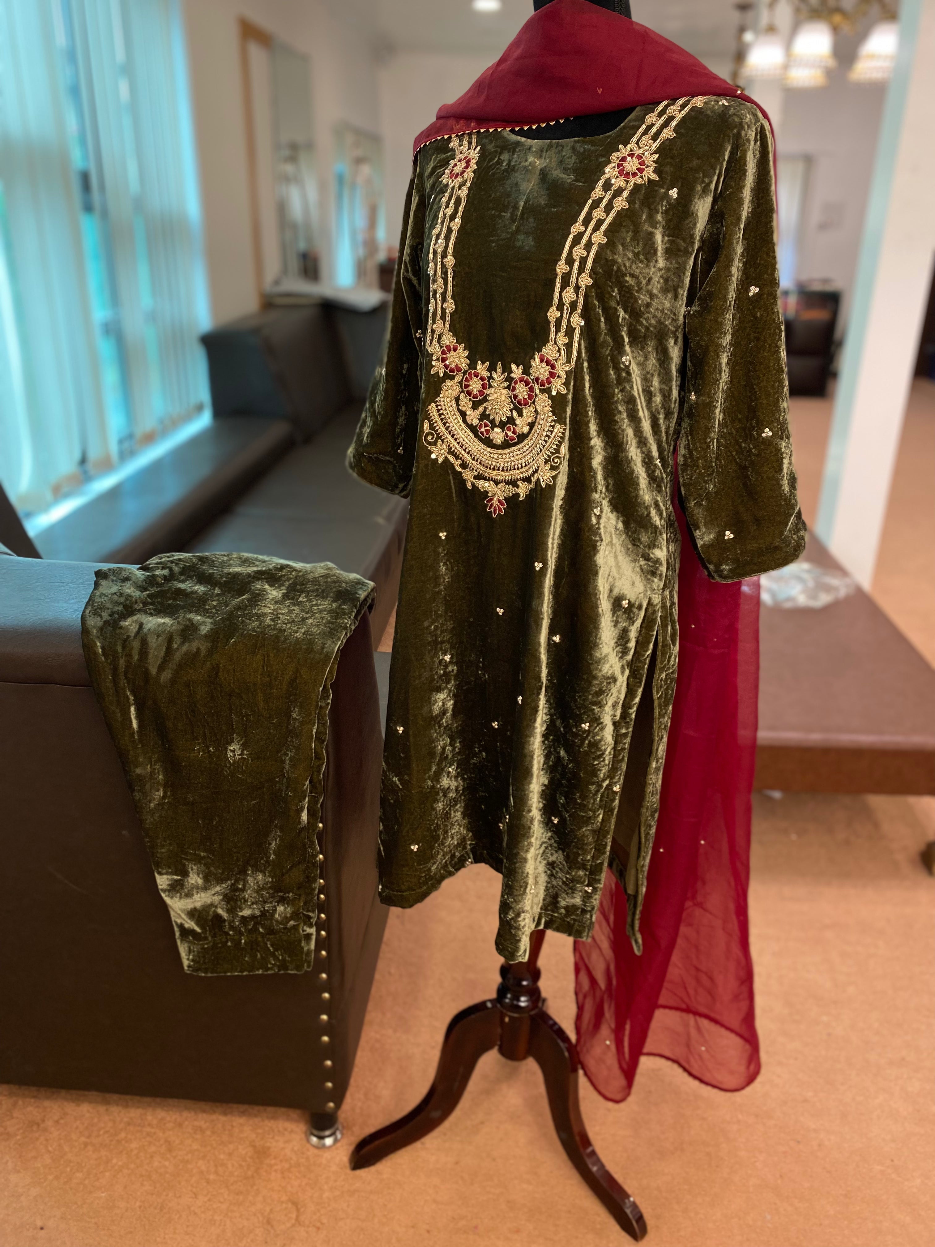 Handembroidered velvet dress with organza duppata Pastau