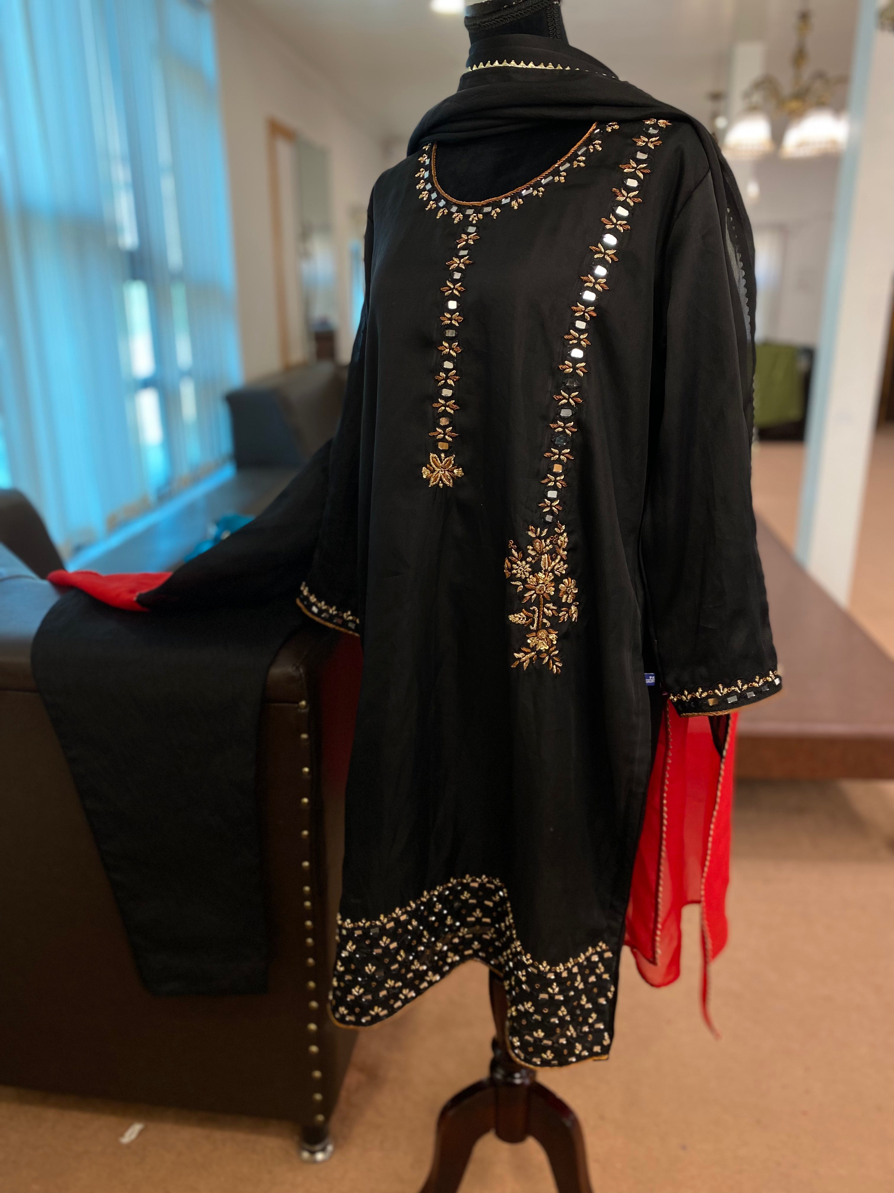 Organza black hand embroidered dress 3pc stitched