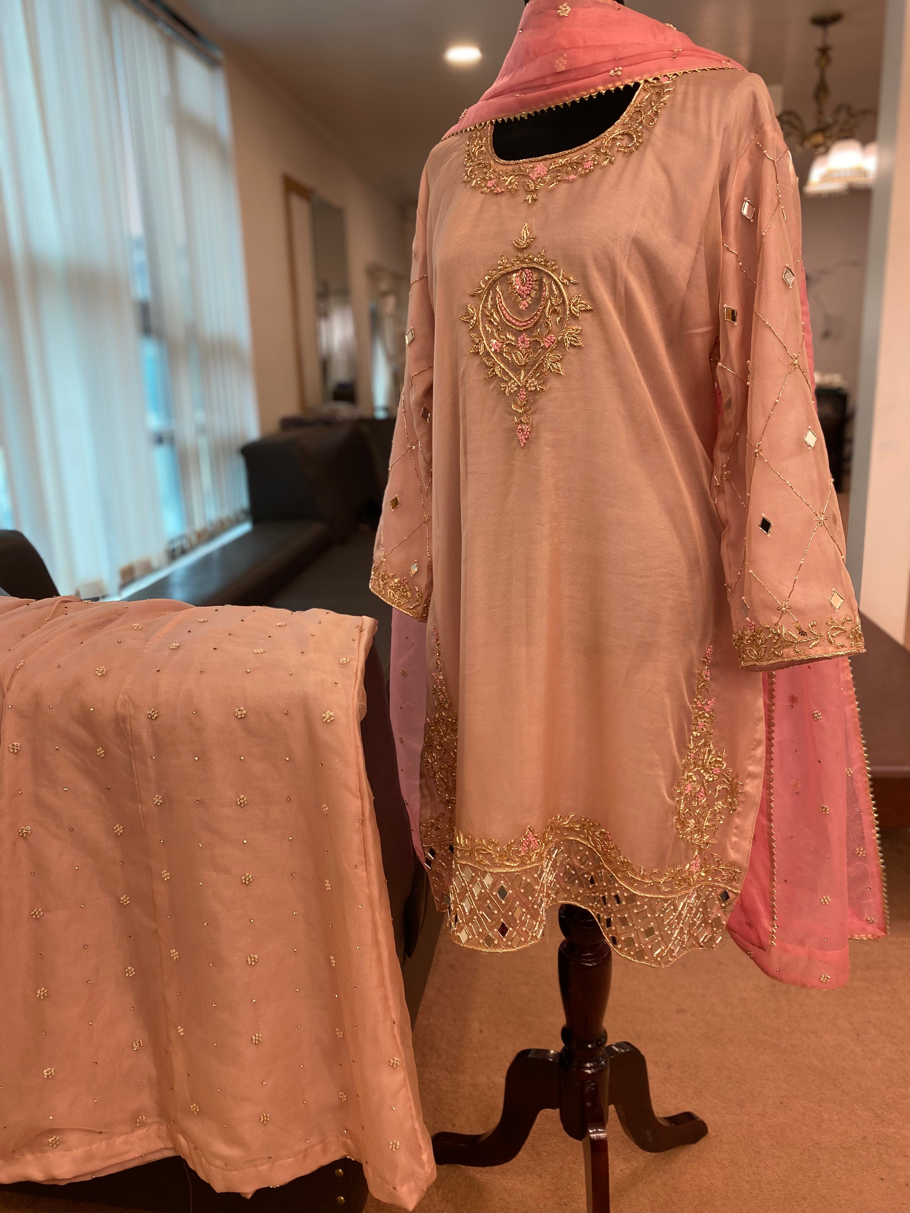 Hand embroidered Organza  sharara dress 3pc stitched