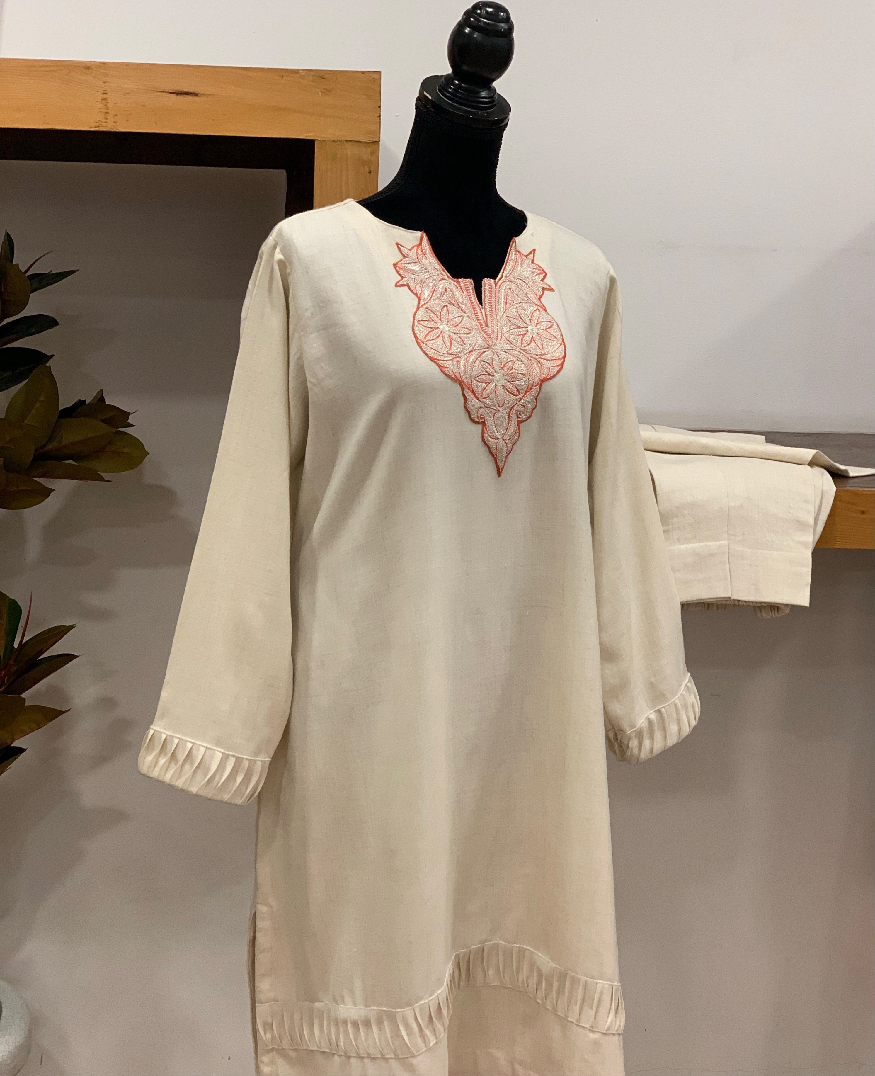 Pure pashmina and pure wool blend kurta set 2pc with hand Tilla PWB085