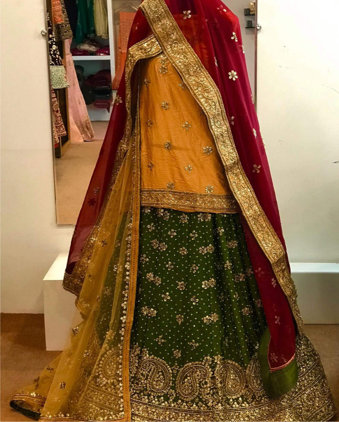 Gold, Green & Maroon Lehanga - Pastau