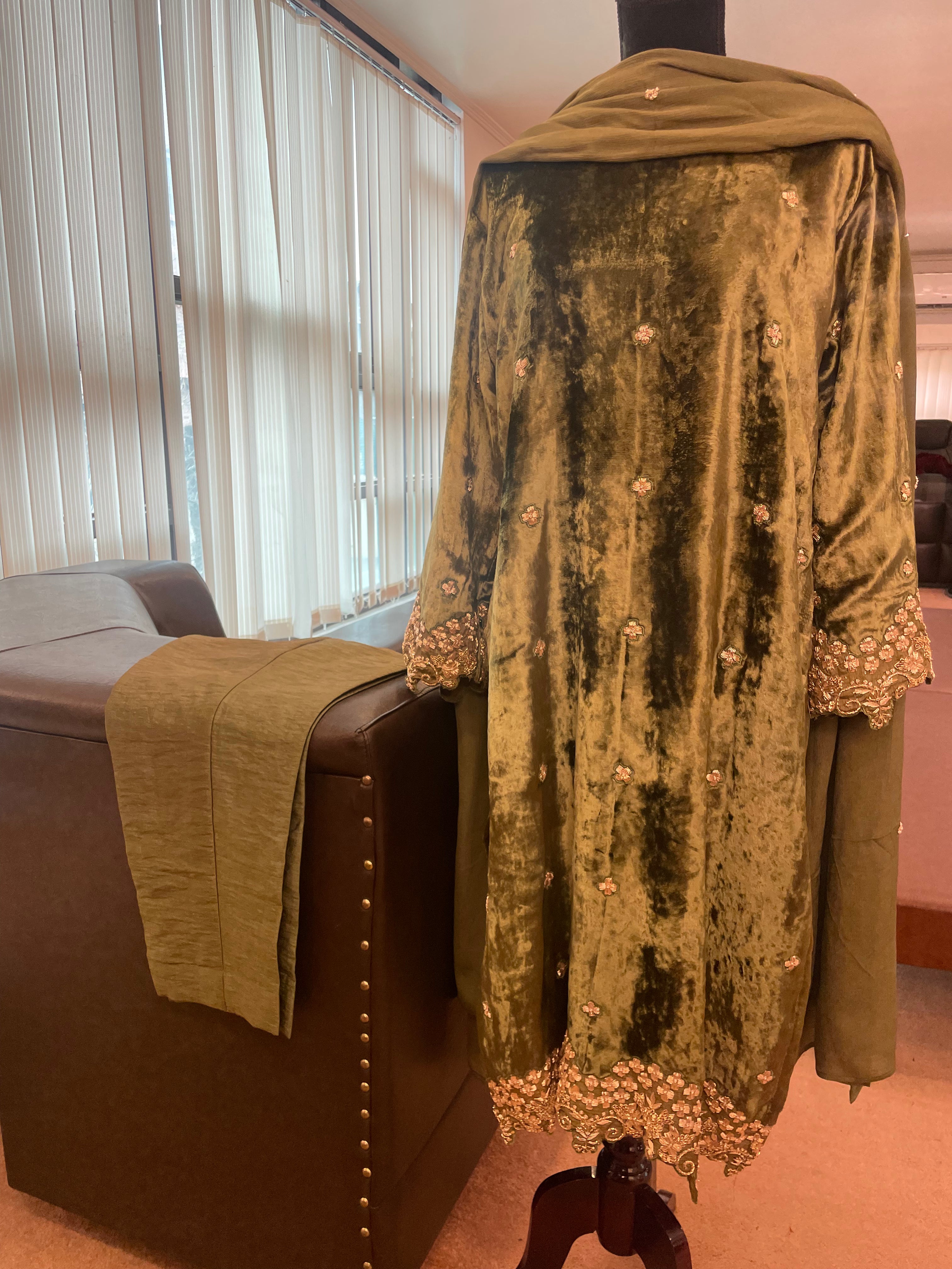 Velvet handembroidered 3 pc suit