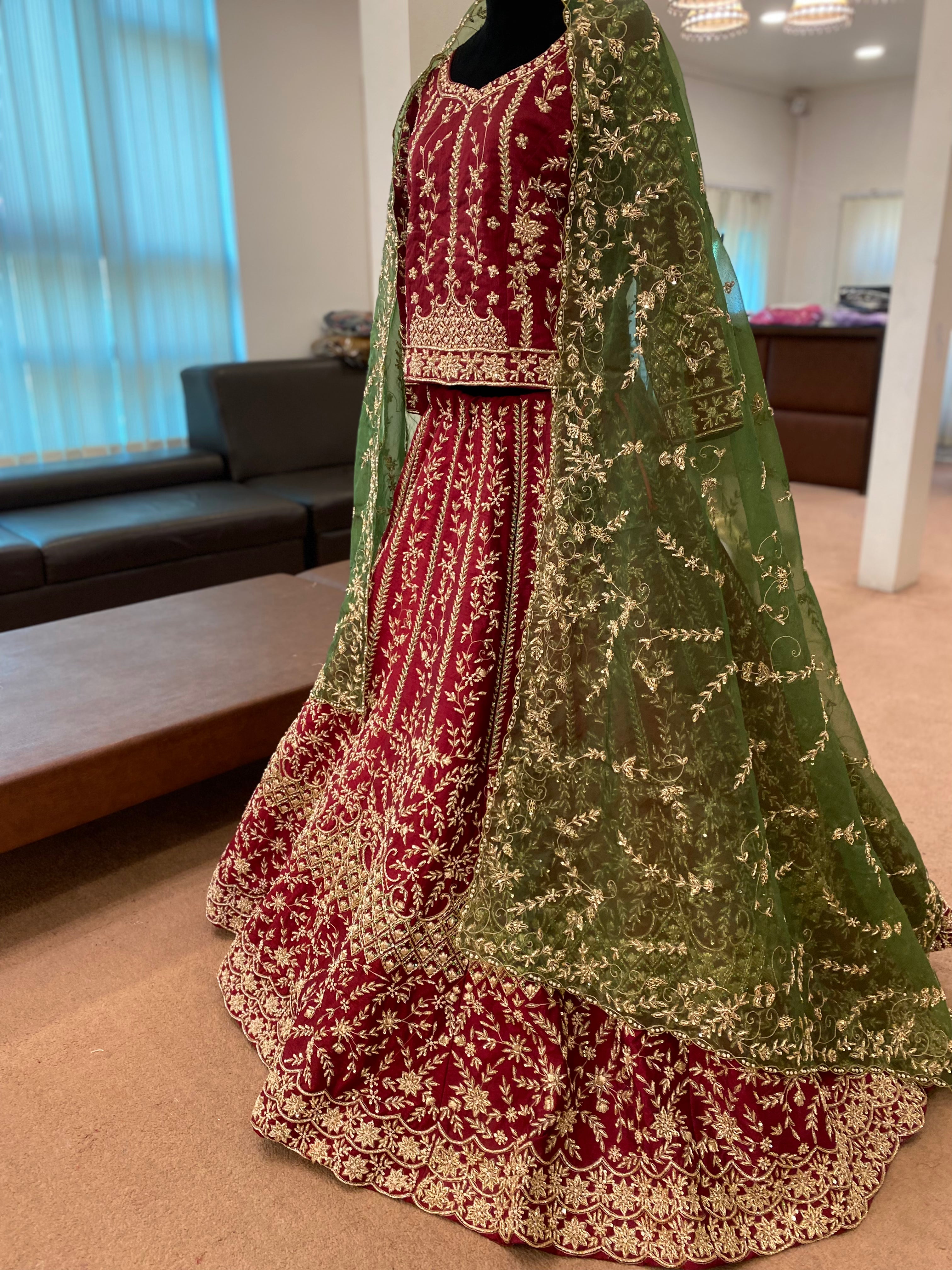 Maroon and green hand embroidered Lehanga